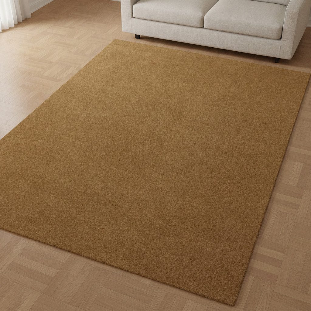 TaCa Home Wollteppich Handgewebter Wollteppich uni mit samtweichem Kurzflor, rechteckig, Höhe: 14 mm, Fußbodenheizung geeignet