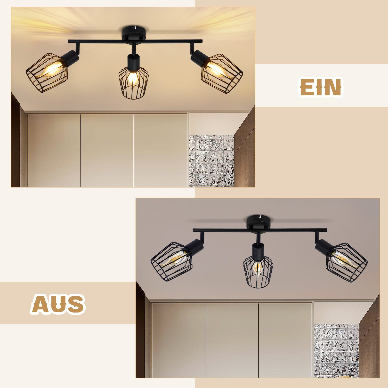 Nettlife Deckenstrahler Vintage Schwarz/Weiß E14 1/2/3/4/6 Flamming Industrial, Drehbar 350°, LED wechselbar, für Flur Küchen Schlafzimmer, Wohnzimmer, Esszimme – Bild 4 von 5