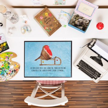 Mr. & Mrs. Panda Schreibtischunterlage Rotkehlchen Schlitten - Eisblau - Geschenk, Büroartikel, Weihnachten, (1 tlg)