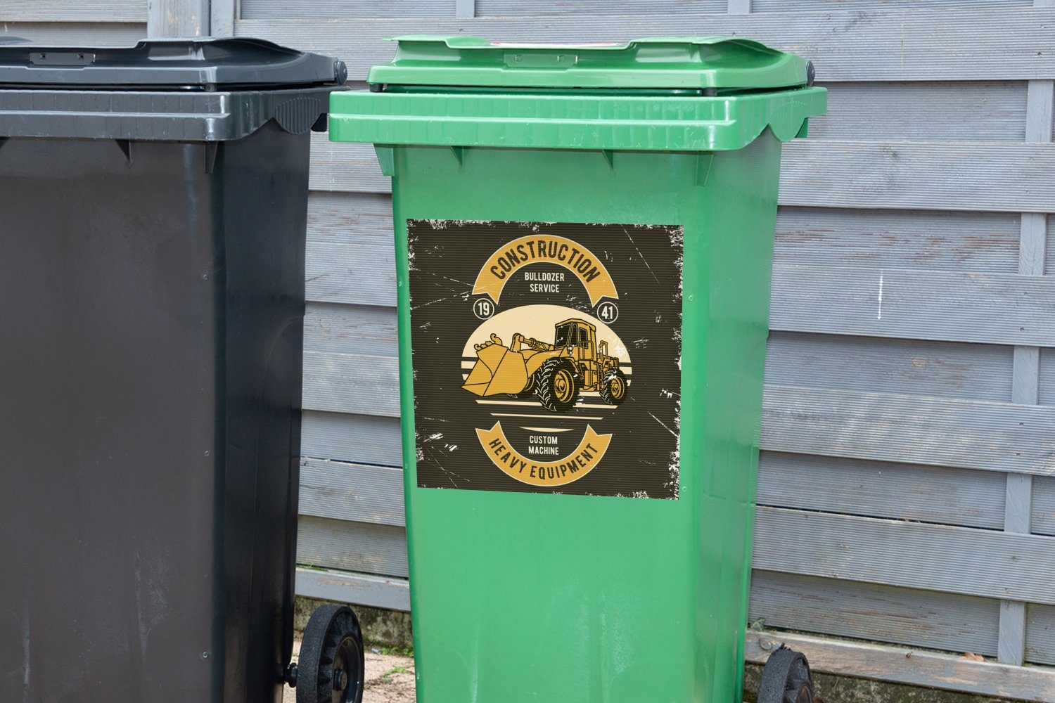 St), Abfalbehälter Vintage - Wandsticker Bulldozer - (1 MuchoWow Mülleimer-aufkleber, Container, Sticker, Zeichnung Mülltonne,