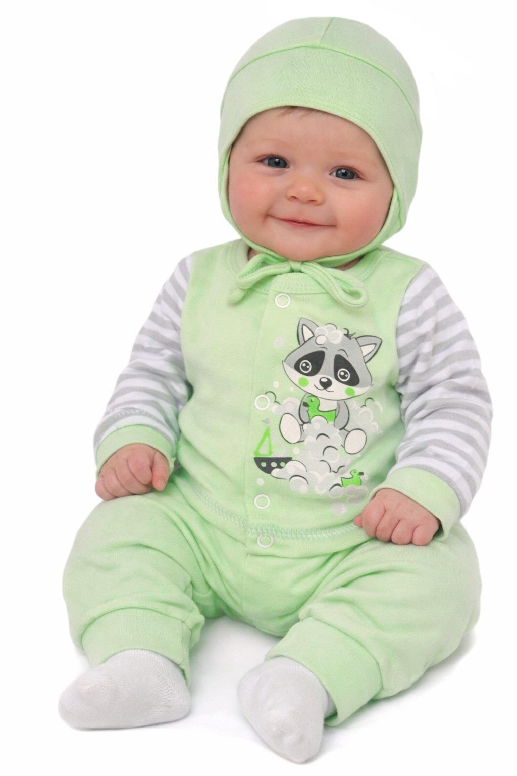La Bortini Anzug 3-teilig Baby Anzug 3Tlg. Hose Hemdchen Mütze in Grün mit Waschbär aus reiner Baumwolle, 44 50 56 62 68 74 80