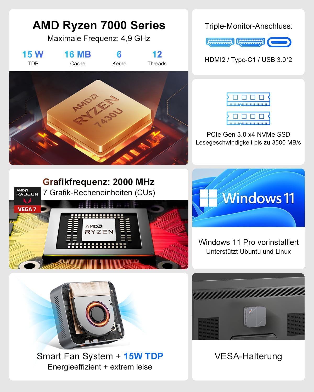 Ninkear Mini PC W-11 AMD Ryzen 7430U(bis 4,3GHz),Mini Computer für Büro & Home Mini-PC (AMD AMD Ryzen 7430U, AMD Radeon™ Grafikkarte, 16 GB RAM, 512 GB SSD, unterstützt PS3 Emulator Gaming, Ultra-leise,Triple 4K Display,WiFi 6)