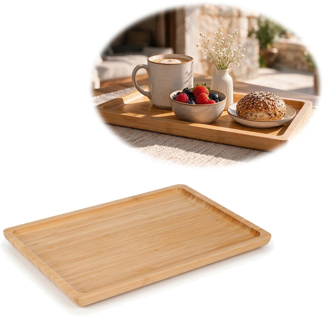 LS-LebenStil Tablett Holz Serviertablett Braun 33x23cm FSC Erhöhter Rand Küchentablett, Holz, (Lebensmittelecht zum Hinstellen, Kerzentablett, 1-tlg., Vesperbrett Küchentablett Holztablett Vesper), Frühstückstablett Betttablett Servierbrett von LS-LebenStil