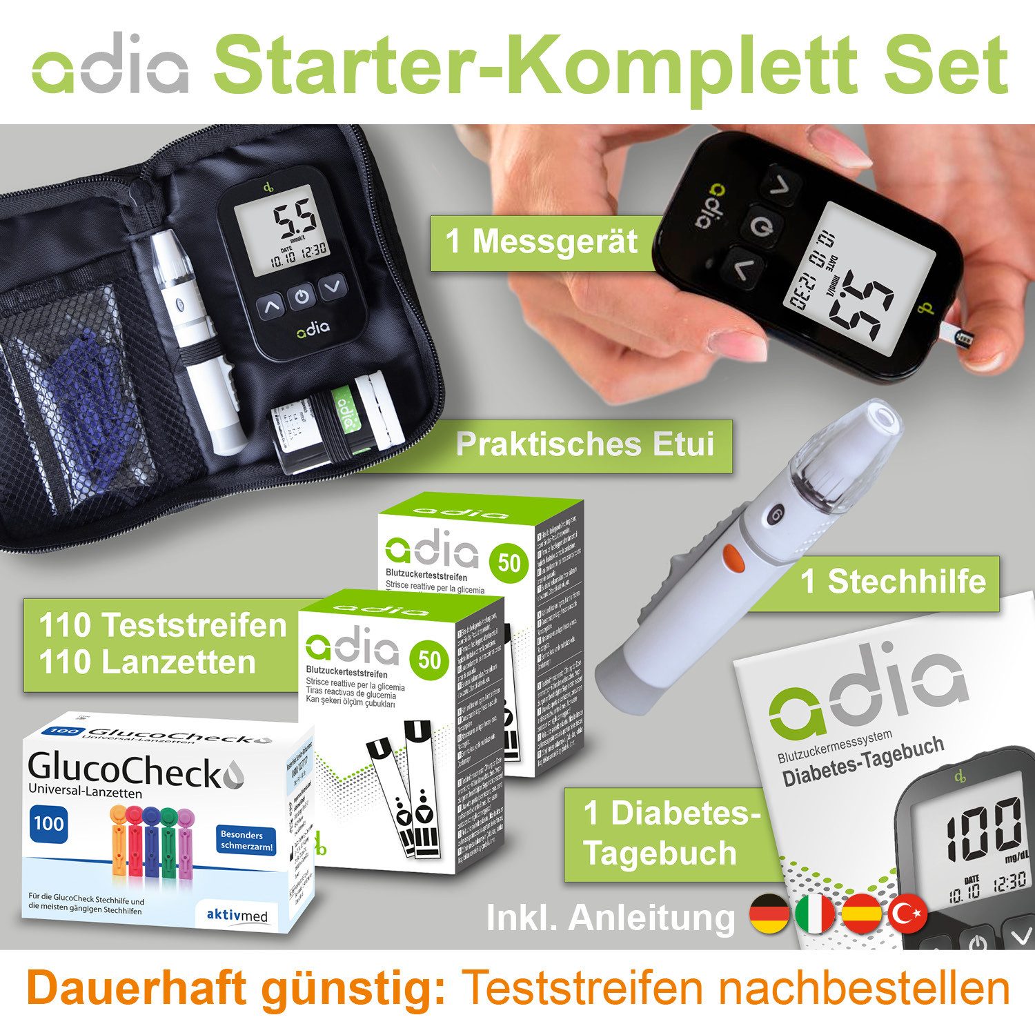 ADIA Blutzuckermessgerät adia Blutzuckermessgerät Set + 110 Teststreifen + 110 Lanzetten mmol/l