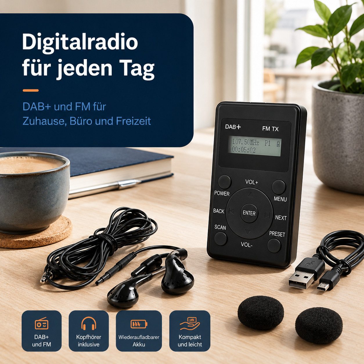 Tekoo DAB+ Digitalradio tragbar mit FM-Transmitter, UKW Radio & USB Akku UKW-Radio (Senderspeicher, Sendersuchlauf, DAB+, UKW (FM), DAB+/UKW Dual-Modus,FM-Transmitter-Funktion,kompaktes Taschenformat)