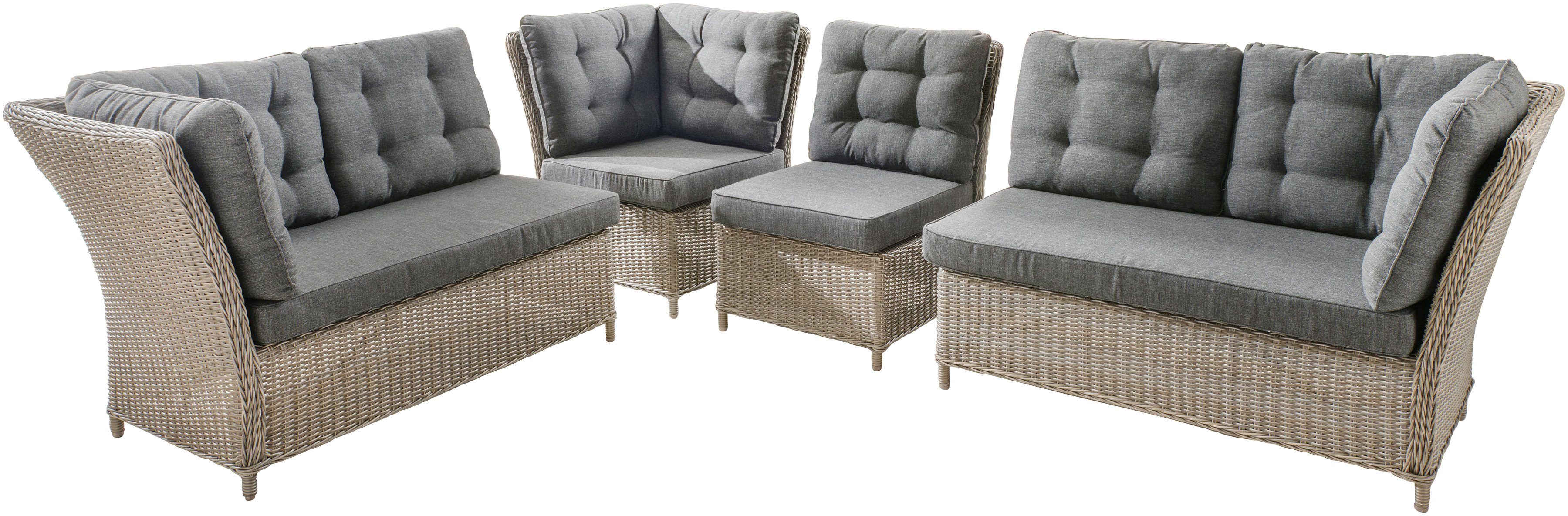Destiny Garten-Essgruppe PALMA, (19-tlg., 2x Schenkel, 1x Eckmodul, 1x Singlemodul, 1x Tisch, inkl. Auflagen), Aluminium, Polyrattan