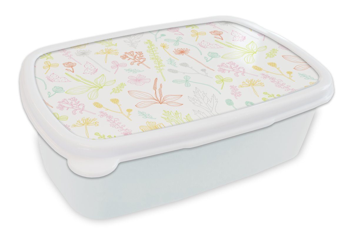 MuchoWow Lunchbox Pflanzen - Muster - Garten - Kontur - Pastell, Kunststoff, (2-tlg), Brotbox für Kinder und Erwachsene, Brotdose, für Jungs und Mädchen weiß