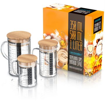 Arendo Messbecher 250ml, 500 ml & 1000 ml Glas Messkrug Set mit Bambusdeckel, luftdicht, Glas, (Set), Küchenbehälter, Silikondichtung, für Mehl Zucker Gewürze Süßigkeiten