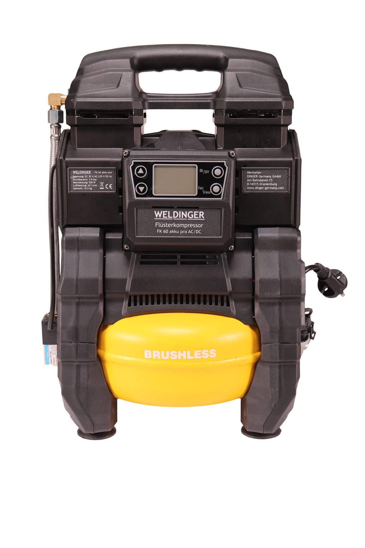 WELDINGER Kompressor Flüsterkompressor FK 60 akku für Makita 18 V 5 l Alutank 3-9 bar 500 W, 500 W, max. 9 bar, digitale Steuerung, bürstenloser Zweizylindermotor, 500 W Leistung