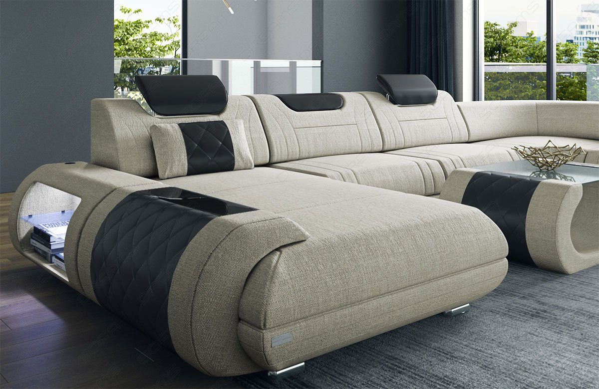 Couch mit elfenbein-schwarz Stoff Sofa Form wahlweise Polster Dreams H Strukturstoff U Wohnlandschaft Rimini Stoffsofa, Sofa Bettfunktion