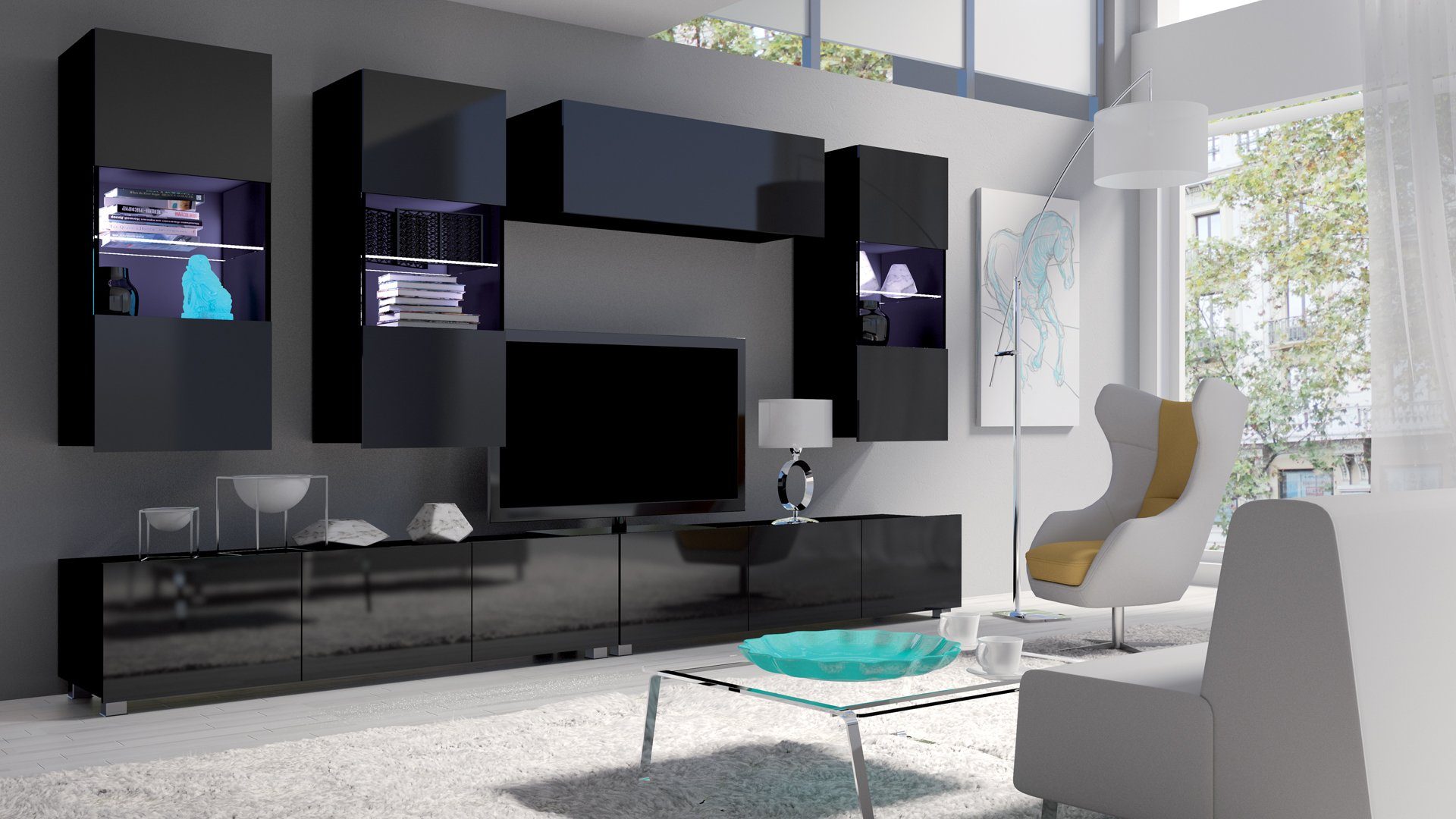 Modern Wohnwand mit Wohnzimmer-Set), wahlweise Schwarz hängbar Bietula, Hochglanz (6-St), (Set Design, variabel LED-Beleuchtung, Stylefy 6-teilig,