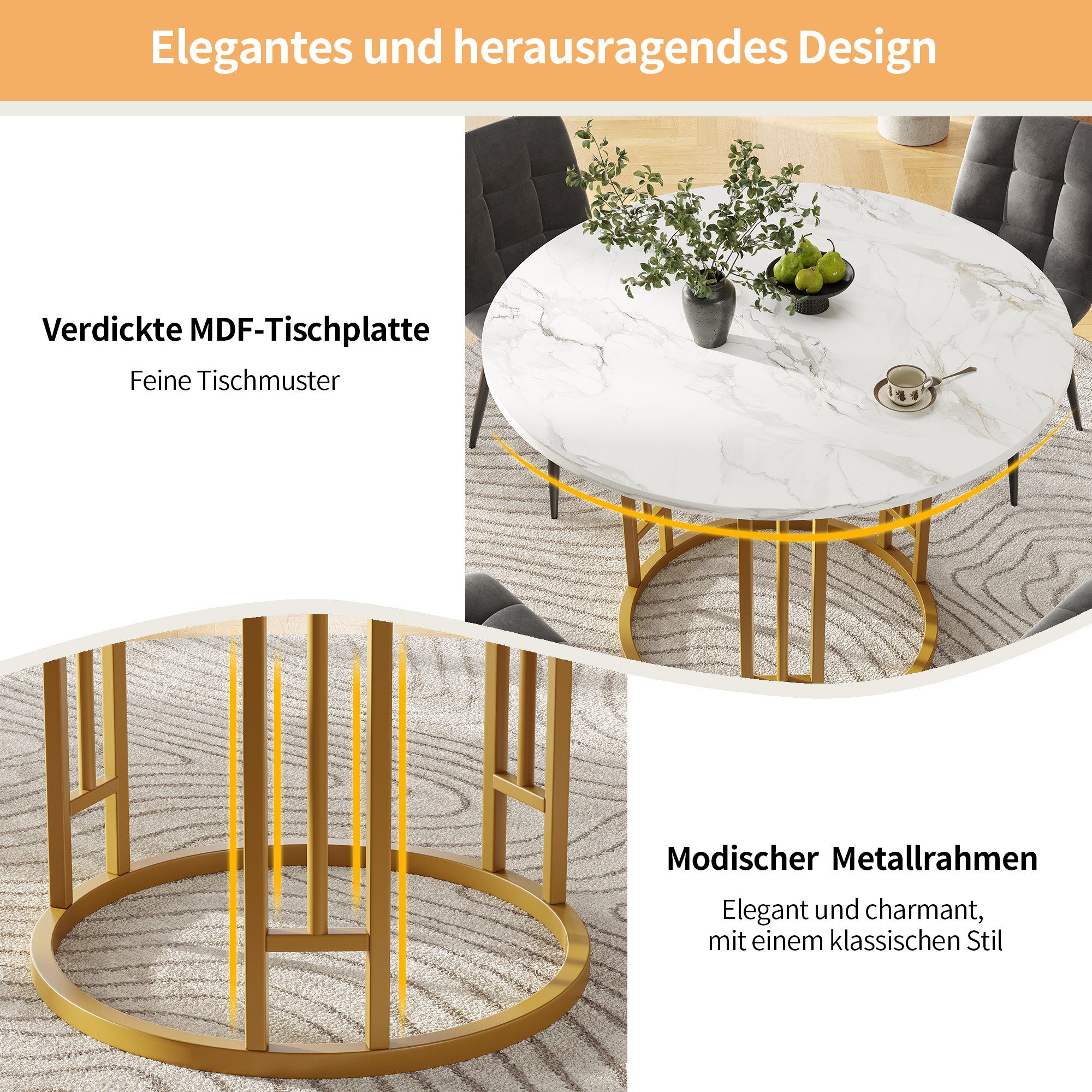 MODFU Essgruppe Stylisches Esstisch, (Moderner runder Esstisch 80×80×76 cm mit verstellbaren Metallbeinen, langlebiger MDF-Marmor-Tischplatte & hoher Tragfähigkeit., 1-tlg)