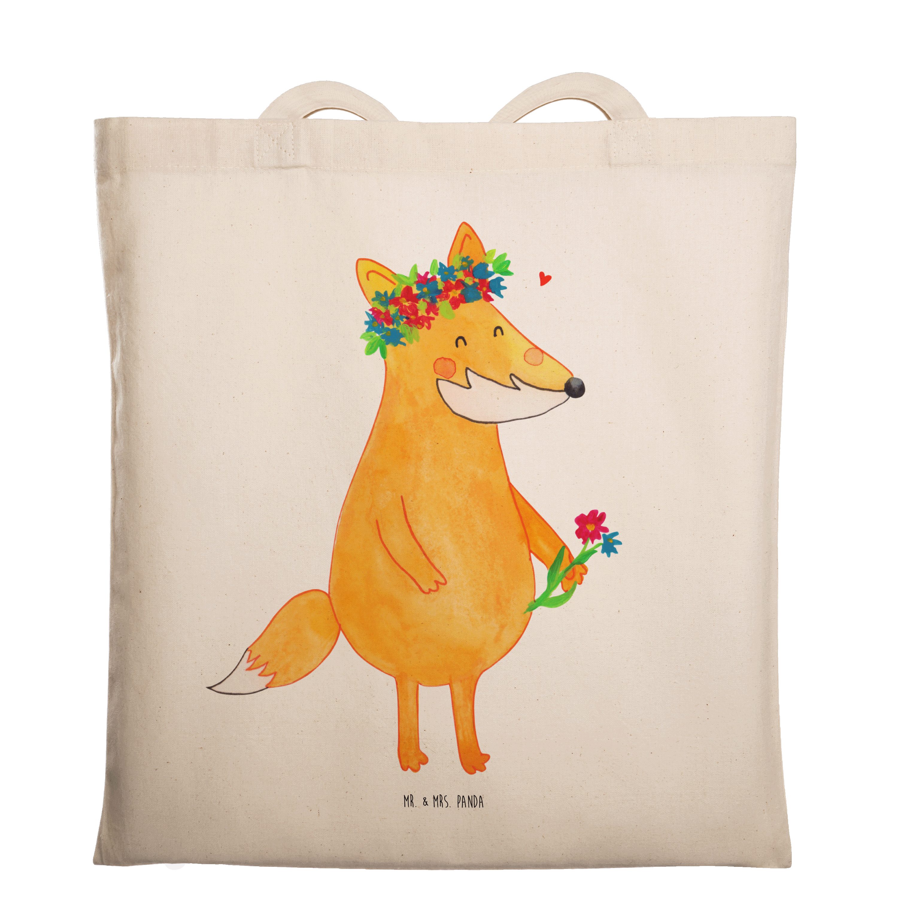 Mr. & Mrs. Panda Tragetasche Fuchs Blumenliebe - Transparent - Geschenk, Einkaufstasche, Blumenkra (1-tlg)