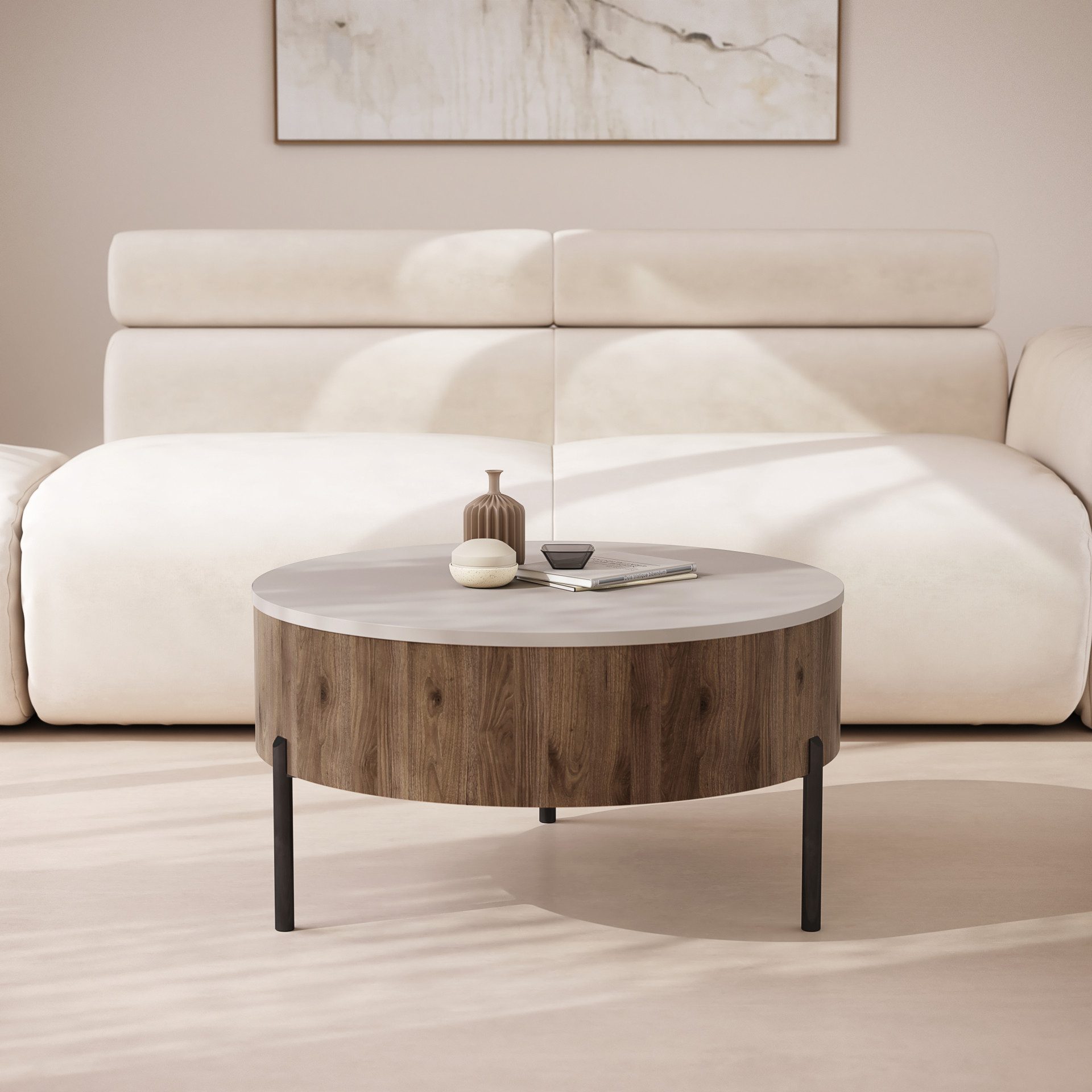 designimpex Couchtisch ZAF-1 rund aufklappbar höhenverstellbar mit Stauraum Wohnzimmer Tisch, Funktionstisch, Wohnzimmertisch, Tisch, Esstisch, Sofatisch, Rollen