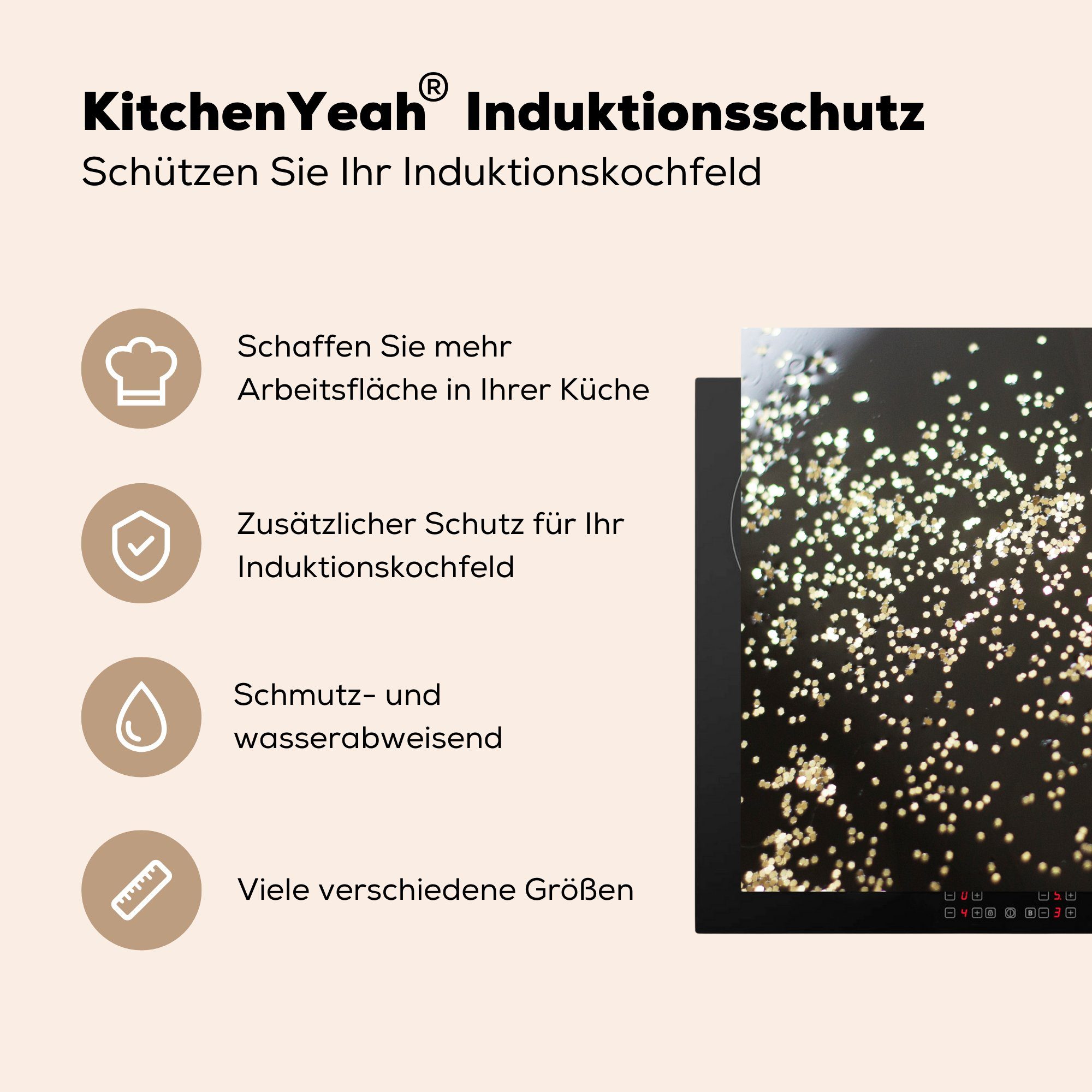 cm, für - Gold, Ceranfeldabdeckung, Vinyl, MuchoWow Marmor (1 Arbeitsplatte 78x78 - Herdblende-/Abdeckplatte tlg), küche Schwarz