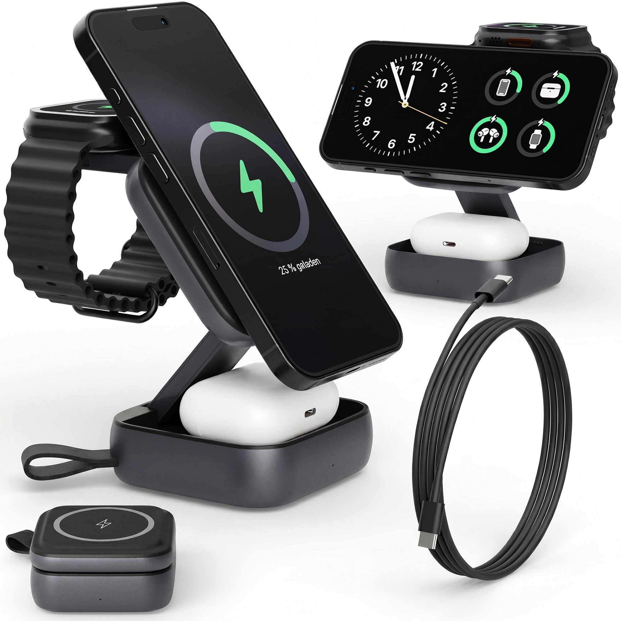 GreenHec Ladestation Apple Watch iPhone 3in1 MagSafe Wireless Charge Ladegerät Wireless Charger (3000 mA, Spar-Set, 3in1 PowerBase + USB-C Kabel + 20w Dual Charger, 18 17 16 15 14 13 Pro Max Air Kompakt Station Induktionsladegerät)