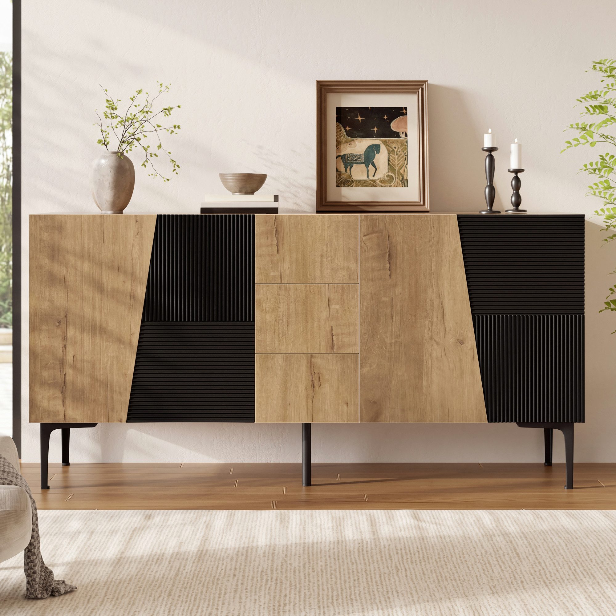 Flieks Kommode Sideboard mit 4 Türen und 3 Schubladen in Holzoptik, Eisenbeinen (160x40x80 cm, 1 St., Multifunktionsschrank für Wohnzimmer, Schlafzimmer, Esszim – Bild 2 von 5
