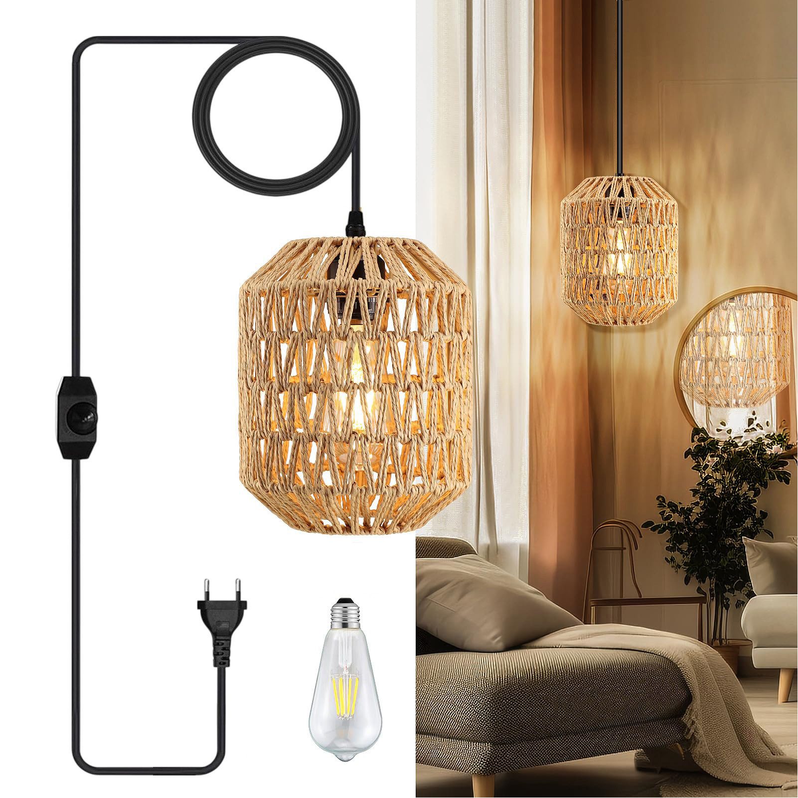 SERBASIC Pendelleuchte Dimmbar Boho Rattan hängelampe günstig online kaufen