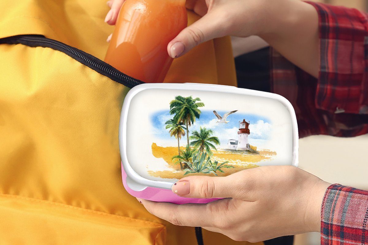 Kunststoff, - Brotbox Kunststoff Mädchen, Brotdose rosa (2-tlg), für MuchoWow Palme Lunchbox Strand, Kinder, Snackbox, Erwachsene, - Leuchtturm