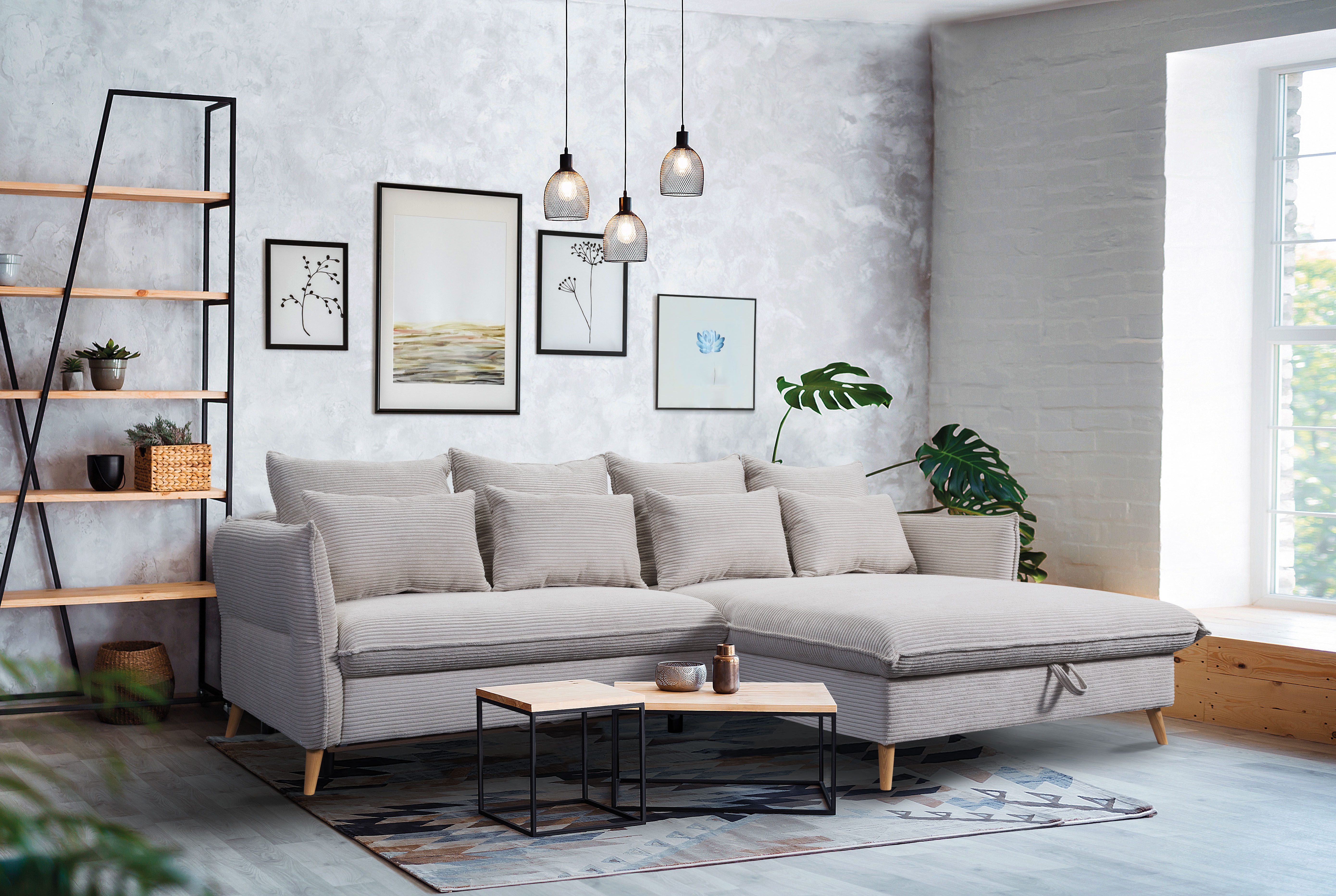 exxpo - sofa fashion Ecksofa WALPY, elegant und modern, hoher Sitzkomfort, schmale Armlehnen, L-Form, wahlweise mit Bettfunktion und Bettkasten, in Cord