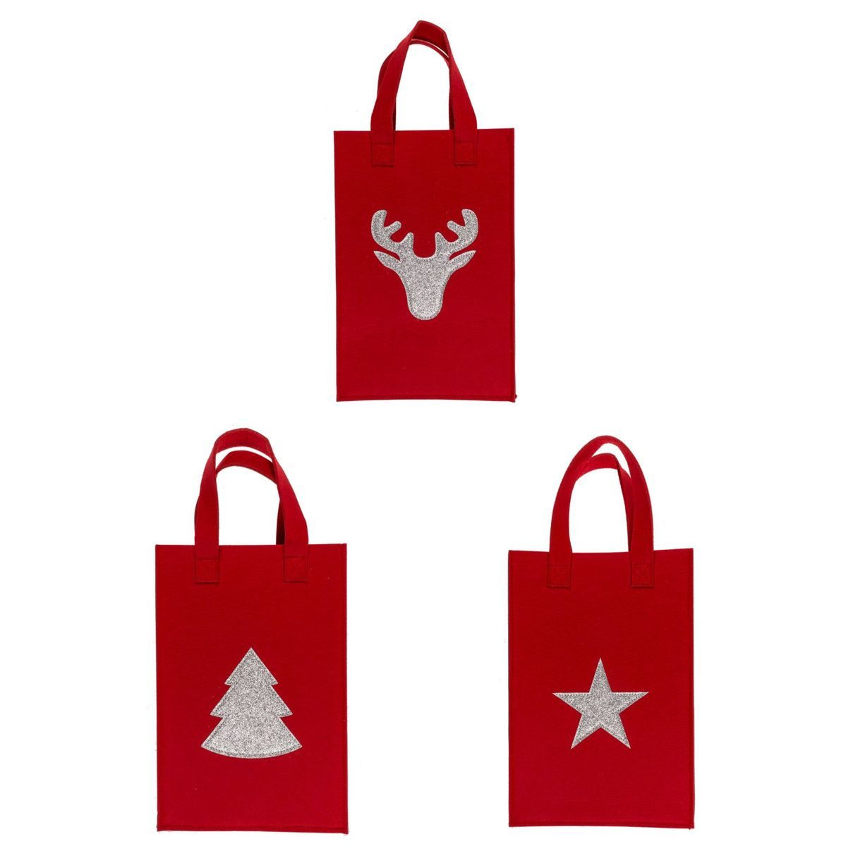 Tragetasche 3er-Set rote Geschenktasche aus Filz mit Glitzermotiv und Tragegriff