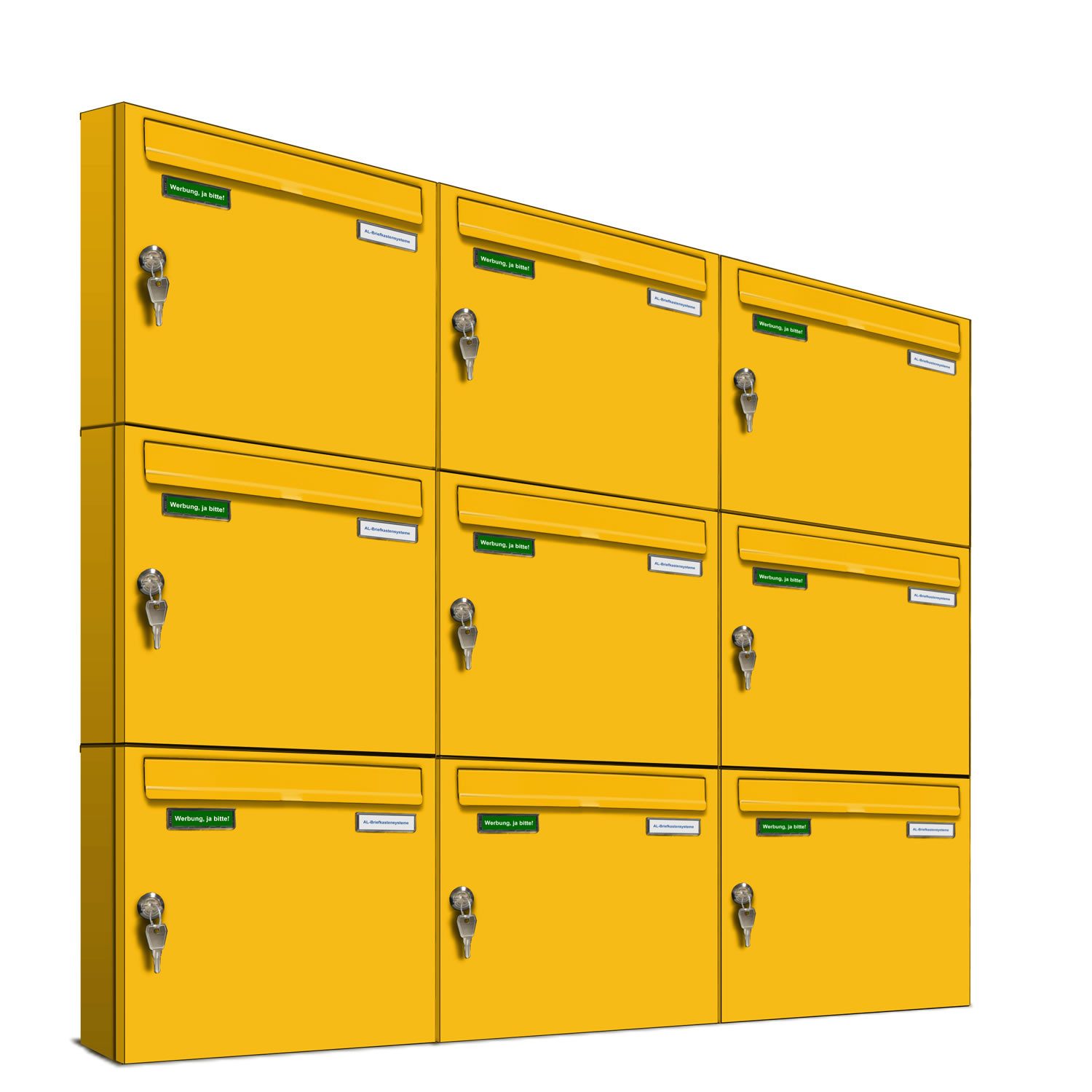 AL Briefkastensysteme Wandbriefkasten 9 Fach Basic Briefkasten A4 in RAL Farbe Signal Gelb wetterfest