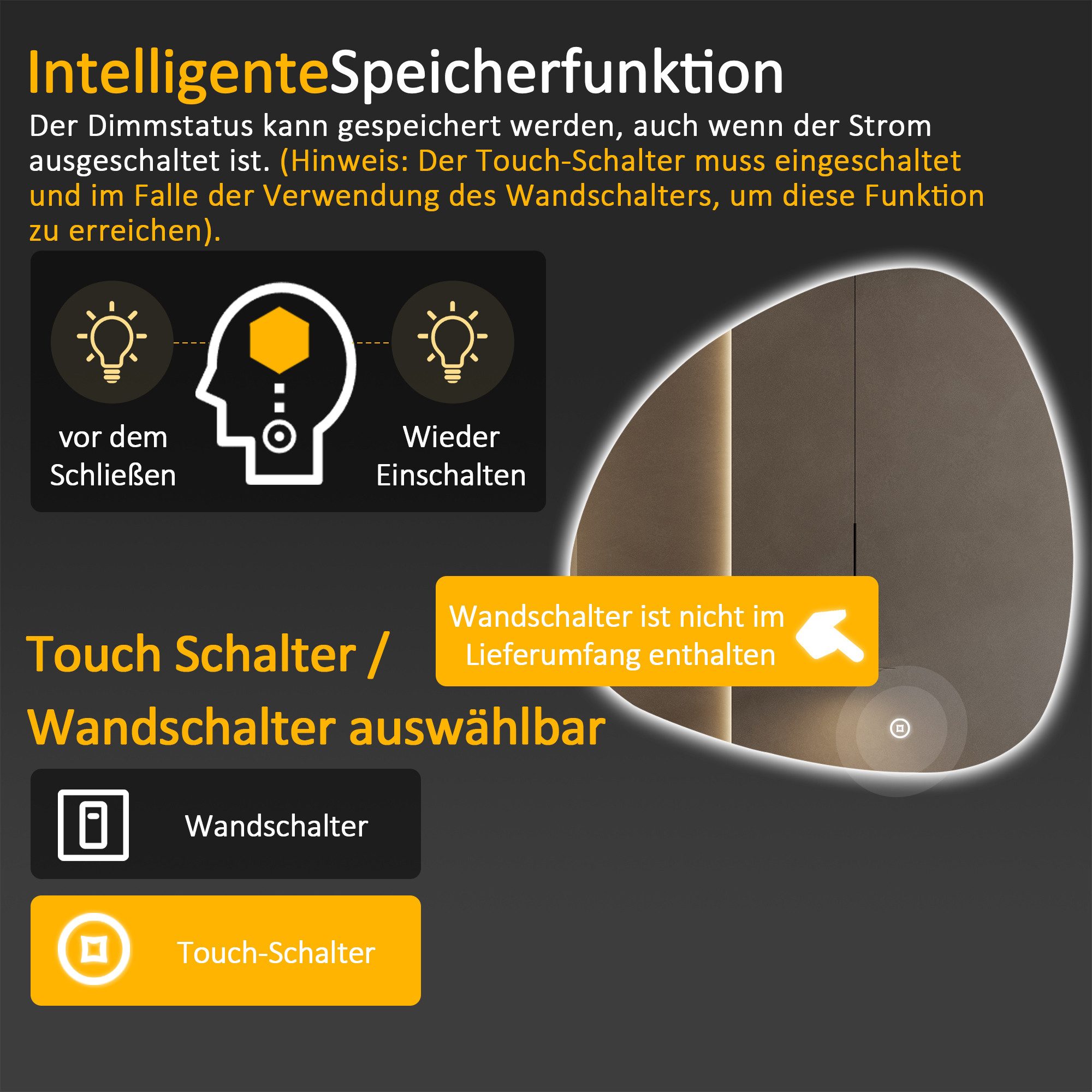 WDWRITTI Badspiegel LED Badezimmerspigel mit Beleuchtung Kalt/Neutral/Warmweiß (Wandspiegel Asymmetrisch Steinform, 80x80cm), Kalt/Neutral/Warmweiß, Dimmbar, Sp – Bild 4 von 5
