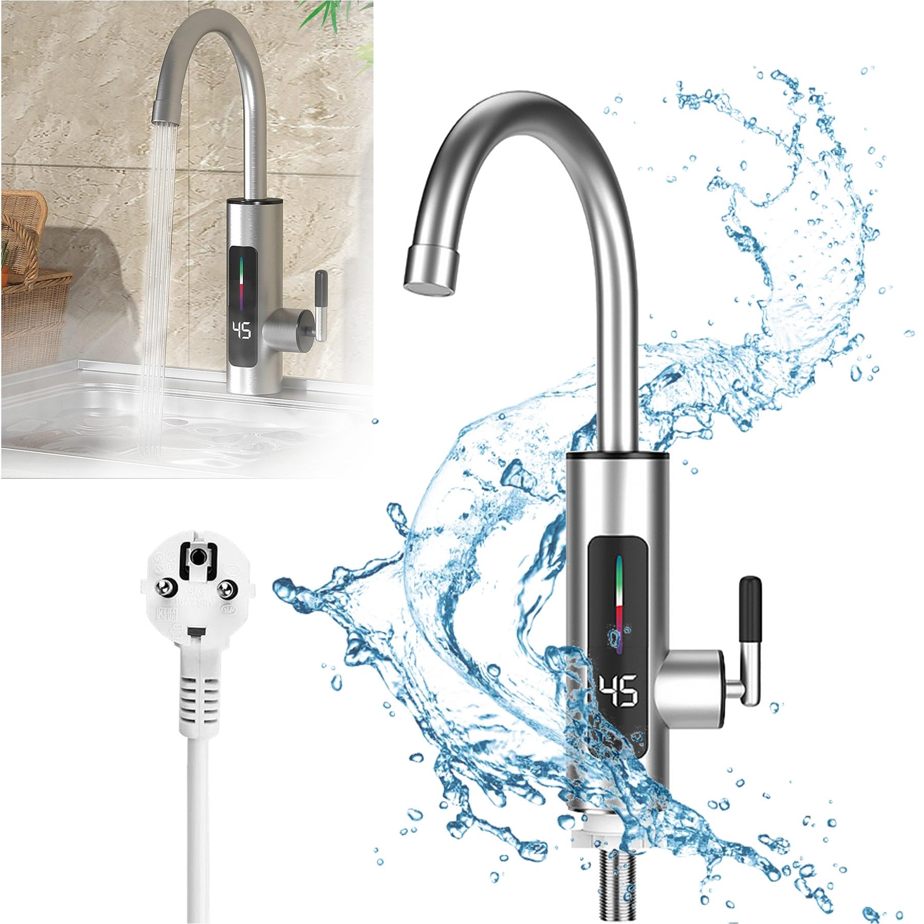 Senmudi Küchenarmatur Elektrische Wasserhahn mit Durchlauferhitzer 230v für Küche (3000W Edelstahl-elektrohahn mit LED-temperaturanzeige, 360 ° Drehbarer, Küchenarmatur 2er LED-Temperaturanzeige) Wasserhahnauf Küchenarmatur Wasserhahn für Küche Durchlauferhitzer