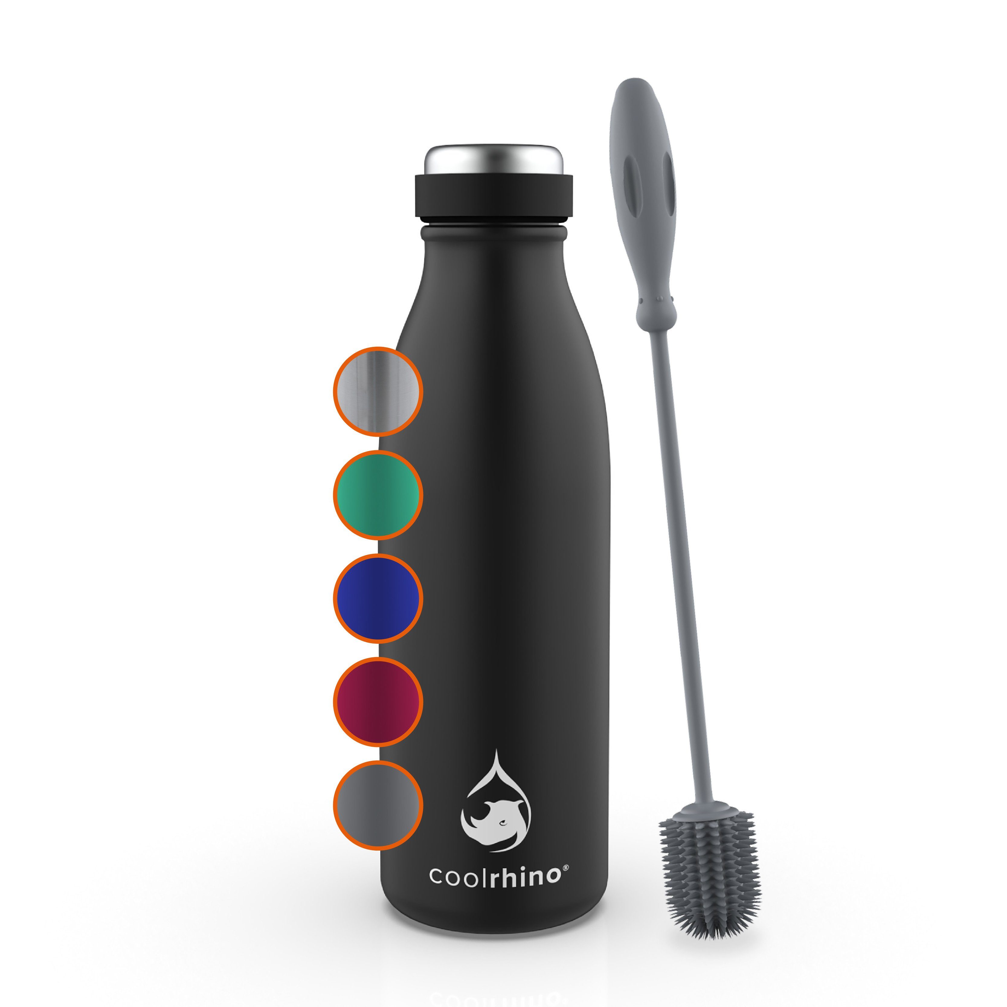 / Isolierflasche liter, Trinkflasche Thermosflasche Reinigungsbürste, ml 500 1 frei BPA mit Schwarz Edelstahl Spülmaschinenfest rhinoTherm2 coolrhino