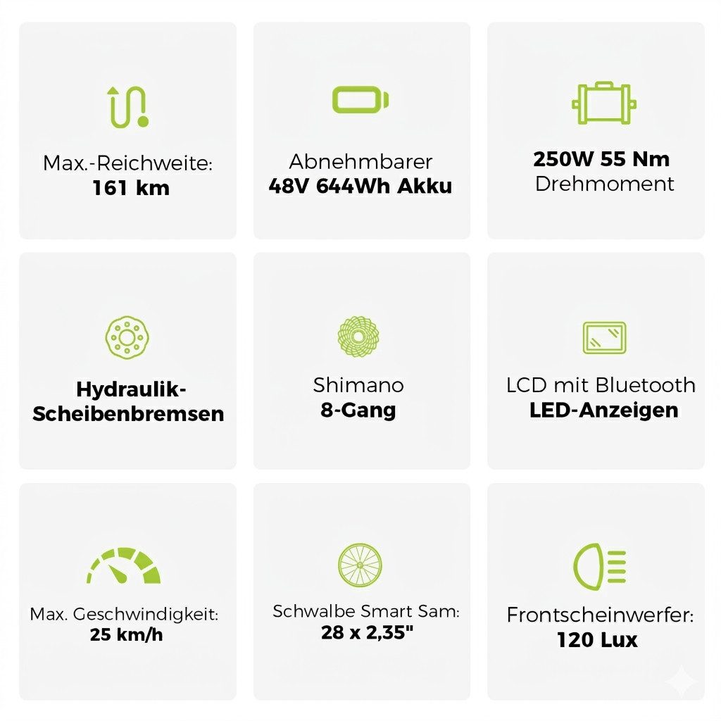 DERUIZ E-Bike Trekkingrad 28 Zoll, Quartz/Quartz SUV, 160km, Bluetooth & APP, Tiefeinsteiger, 8 Gang SHIMANO Acera RD-M360 SGS Schaltwerk, Kettenschaltung, Heckmotor, 644 Wh, (Federgabel mit Lockout, Drehmomentsensor + Kadenzsensor, bis zu 170kg), SUV, Aluminiumrahmen, 120Lux Licht, Elektrofahrrad für Damen Herren