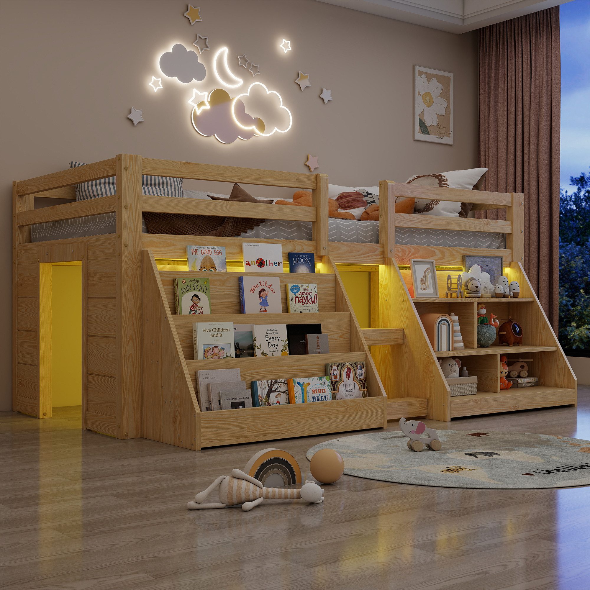 Flieks Hochbett Kinderbett Halbhochbett Holzbett 90x200cm mit 2 Stauraumregal und LED