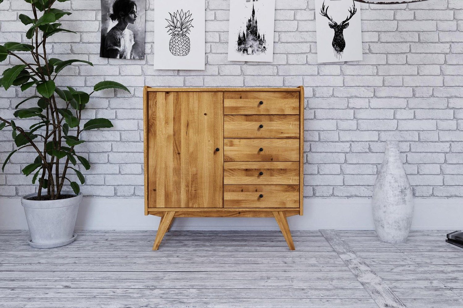 Natur24 Highboard Jetro Kommode Wildeiche massiv 100x105x50cm mit 5 Schubladen und 1 Tür