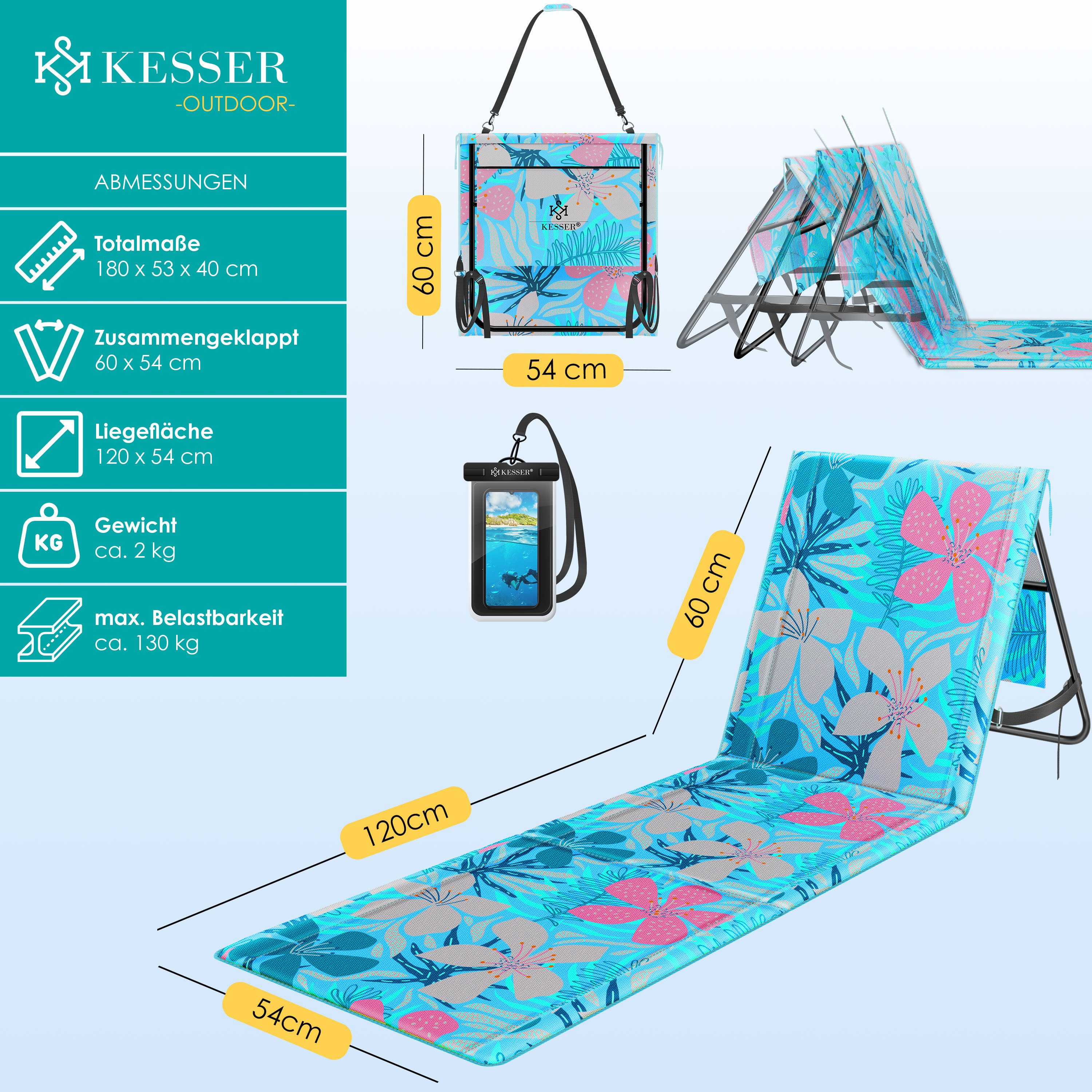 KESSER Gartenliege Strandmatte klappbar mit verstellbarer Rückenlehne max. 130 kg, 1 St., Strandliege mit Tragegurt, wasserdichter Handyhülle & Tragetasche, Sonnenliege faltbar für Strand, Garten & Terrasse Liegematte