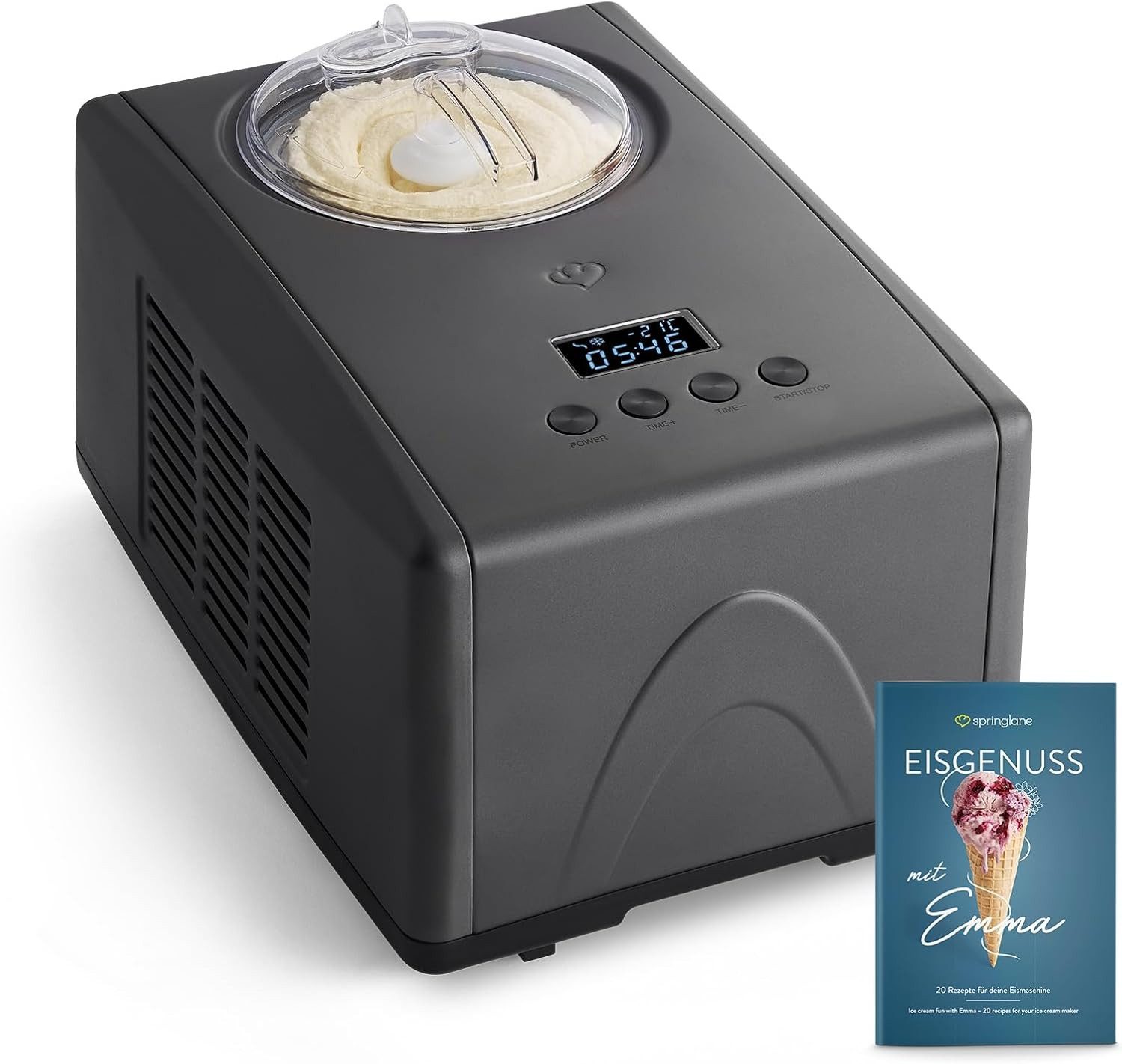 Springlane Eismaschine Emma 1,5 L mit selbstkühlendem Kompressor, aus Edelstahl, 1,50 l, 150,00 W, Eiscreme, Sorbet, Frozen Joghurt, inkl. Rezeptheft