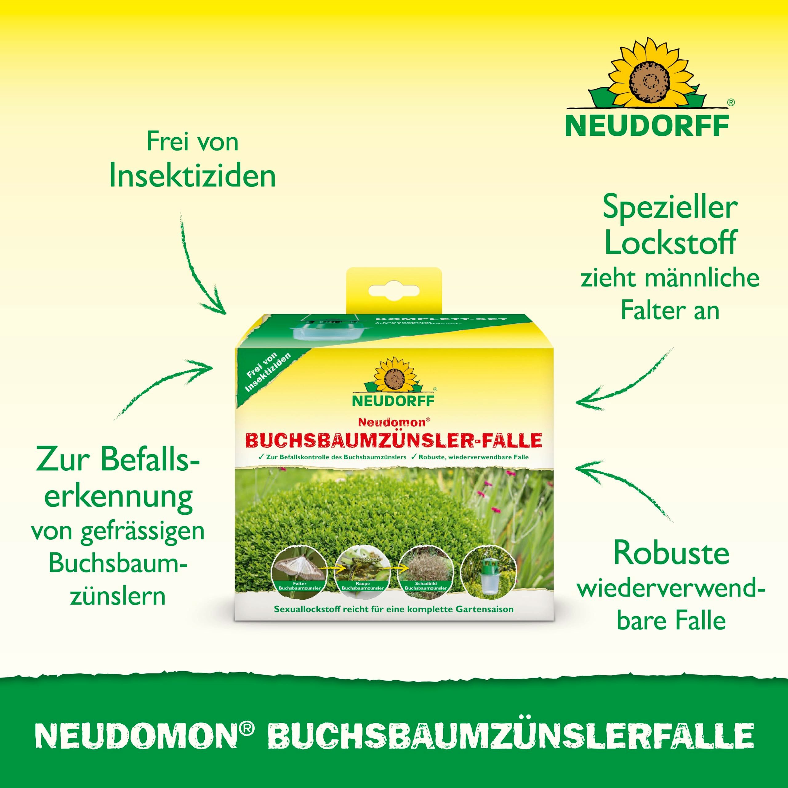 Neudorff Tierfallen-Köder Neudomon BuchsbaumzünslerFalle 1 Stk., nachfüllbare Zünslerfalle reicht für bis zu 200 m² - verhindert die Eiablage und dient zur Befallserkennung, robuste, wiederverwendbare Falle, ohne Insektizide