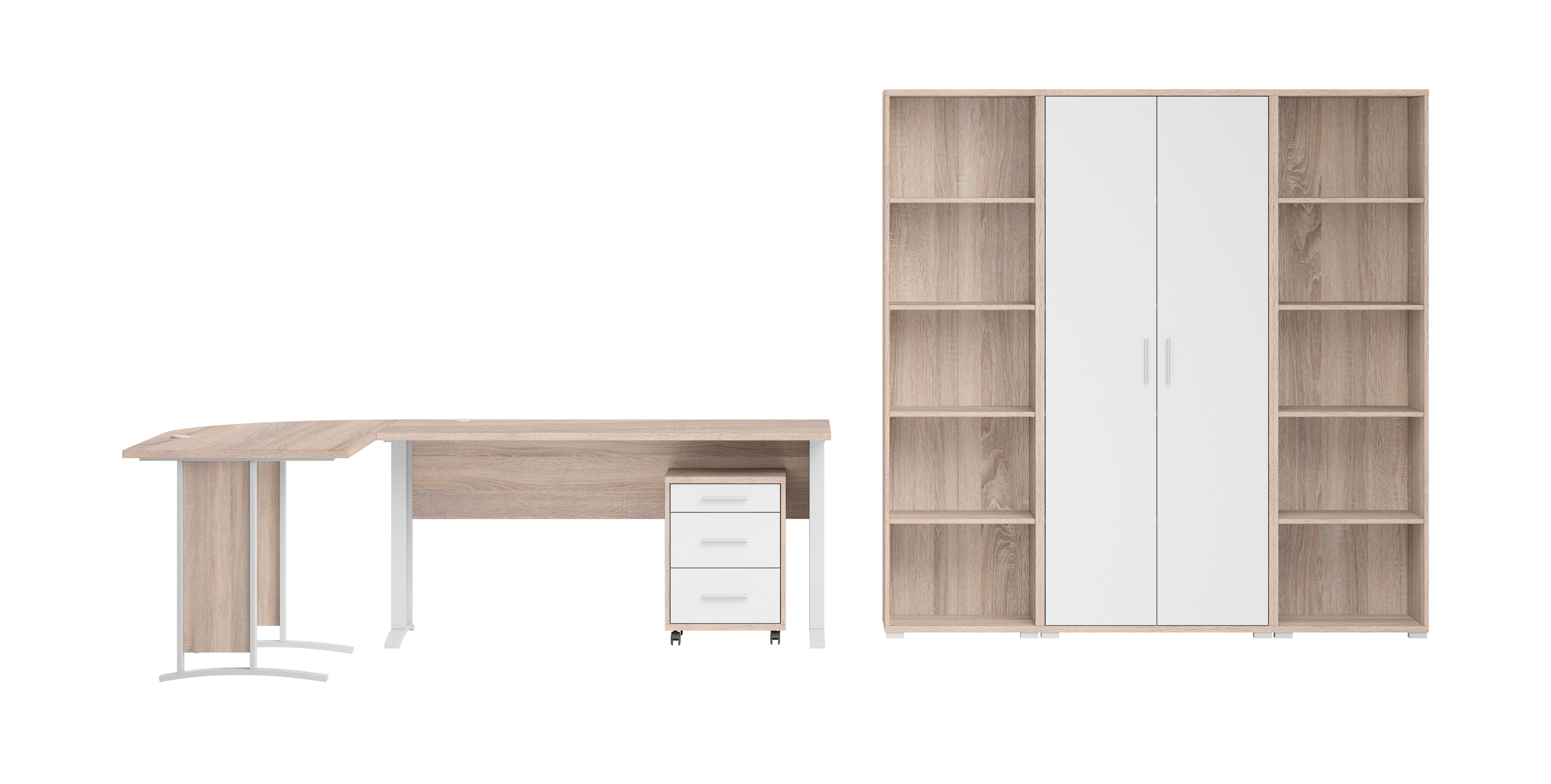 moebel-dich-auf Büromöbel-Set OFFICE LINE, (Spar-Set, 5-tlg., Winkelschreibtisch mit Rollcontainer + Aktenschrank + 2 Aktenregale), in Eiche Sonoma / weiß matt