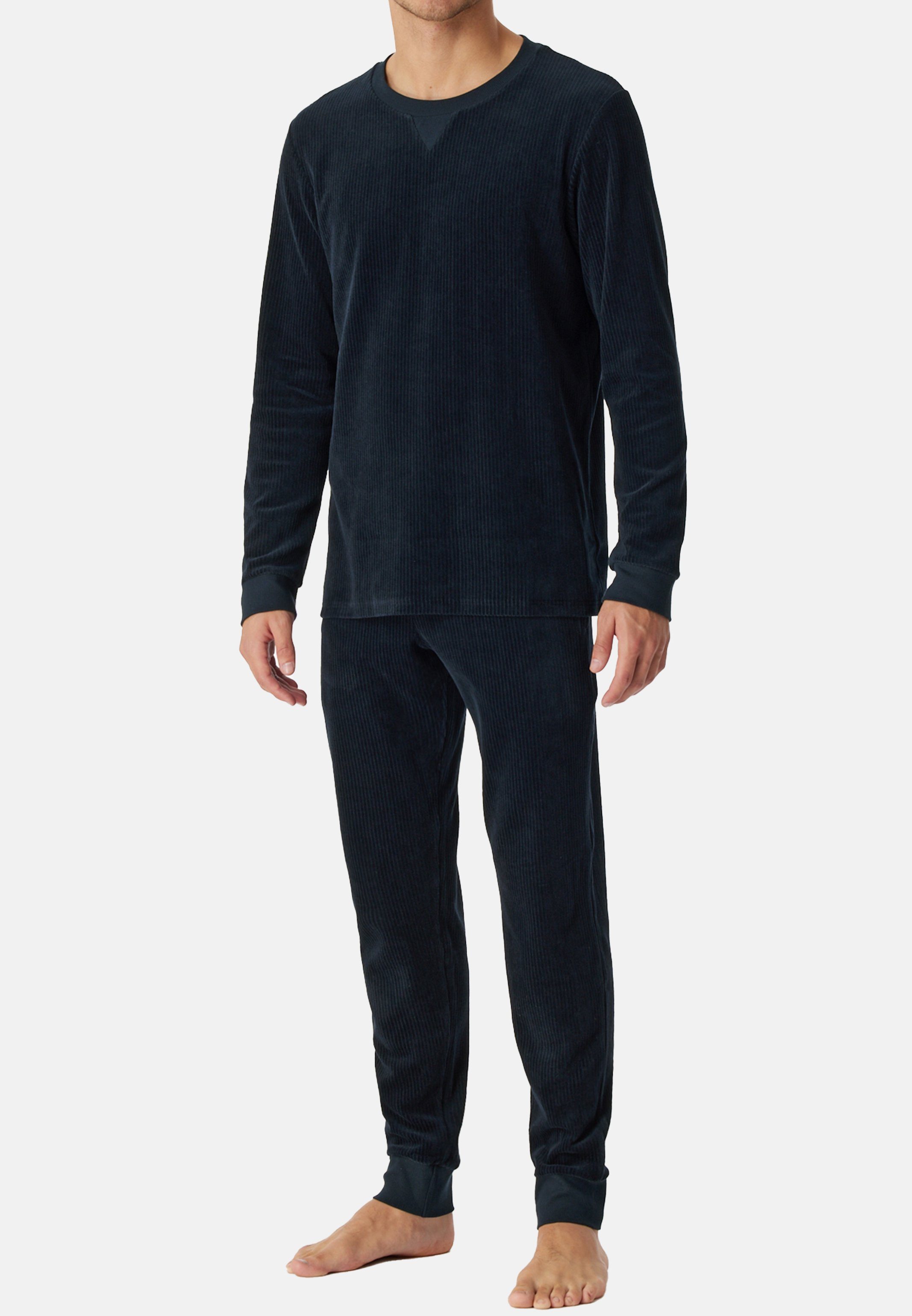 Schiesser Pyjama Warming Nightwear Velour (Set, 2 tlg) Schlafanzug - Baumwolle - Angenehm auf der Haut Nachtblau