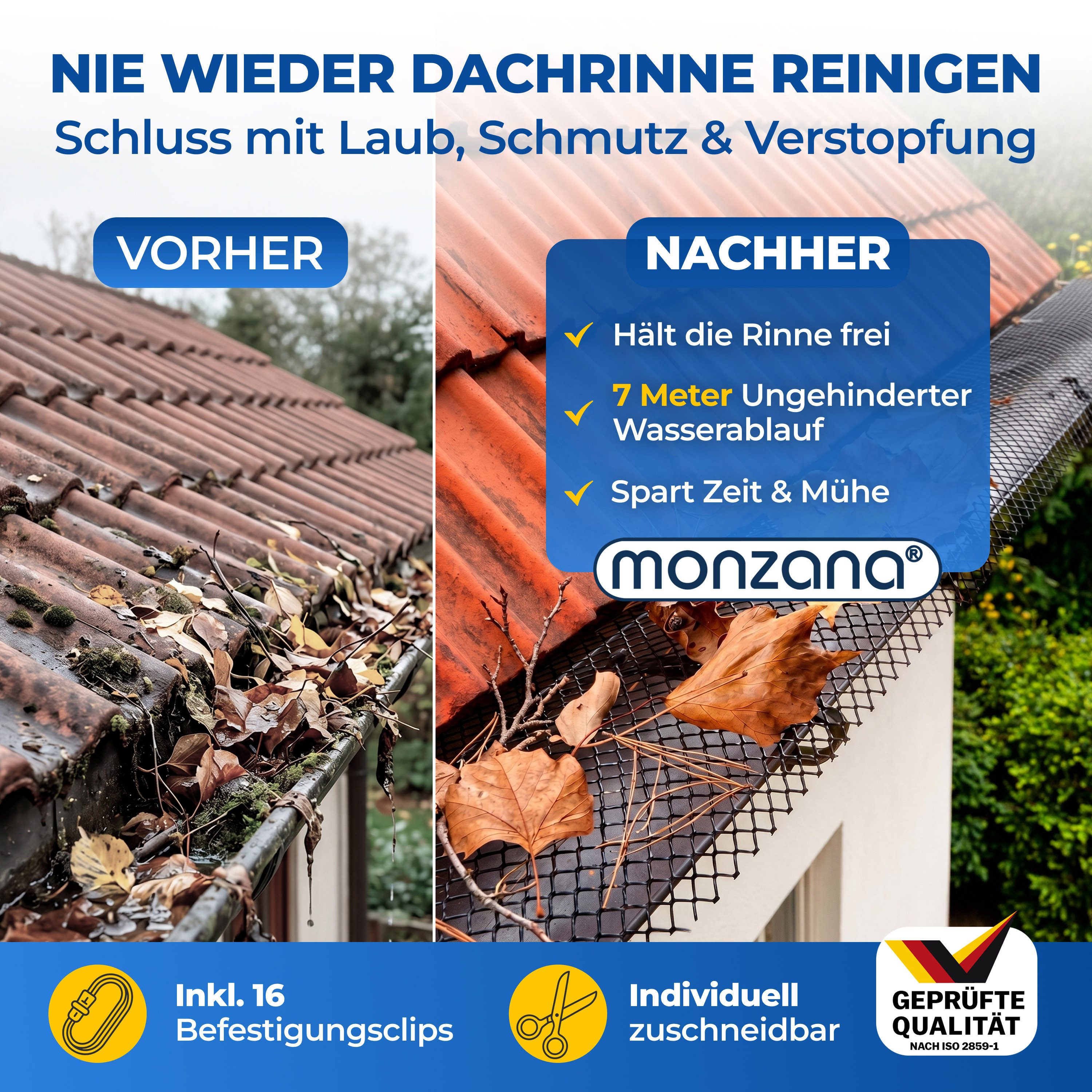 monzana Laubschutznetz, Dachrinnenschutz 7m inkl. 16 Befestigungsclips wetterfest Laubschutz