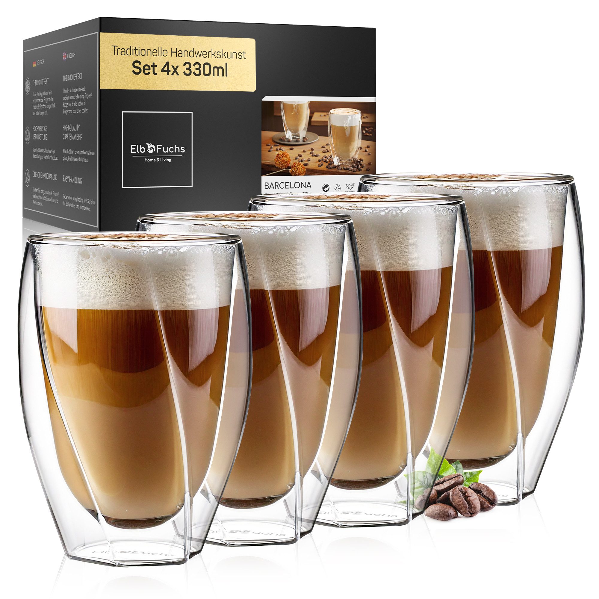 ElbFuchs Latte-Macchiato-Glas Barcelona Curved, 350ml, Borosilikatglas, 4-tlg., Doppelwandiger Thermoeffekt
