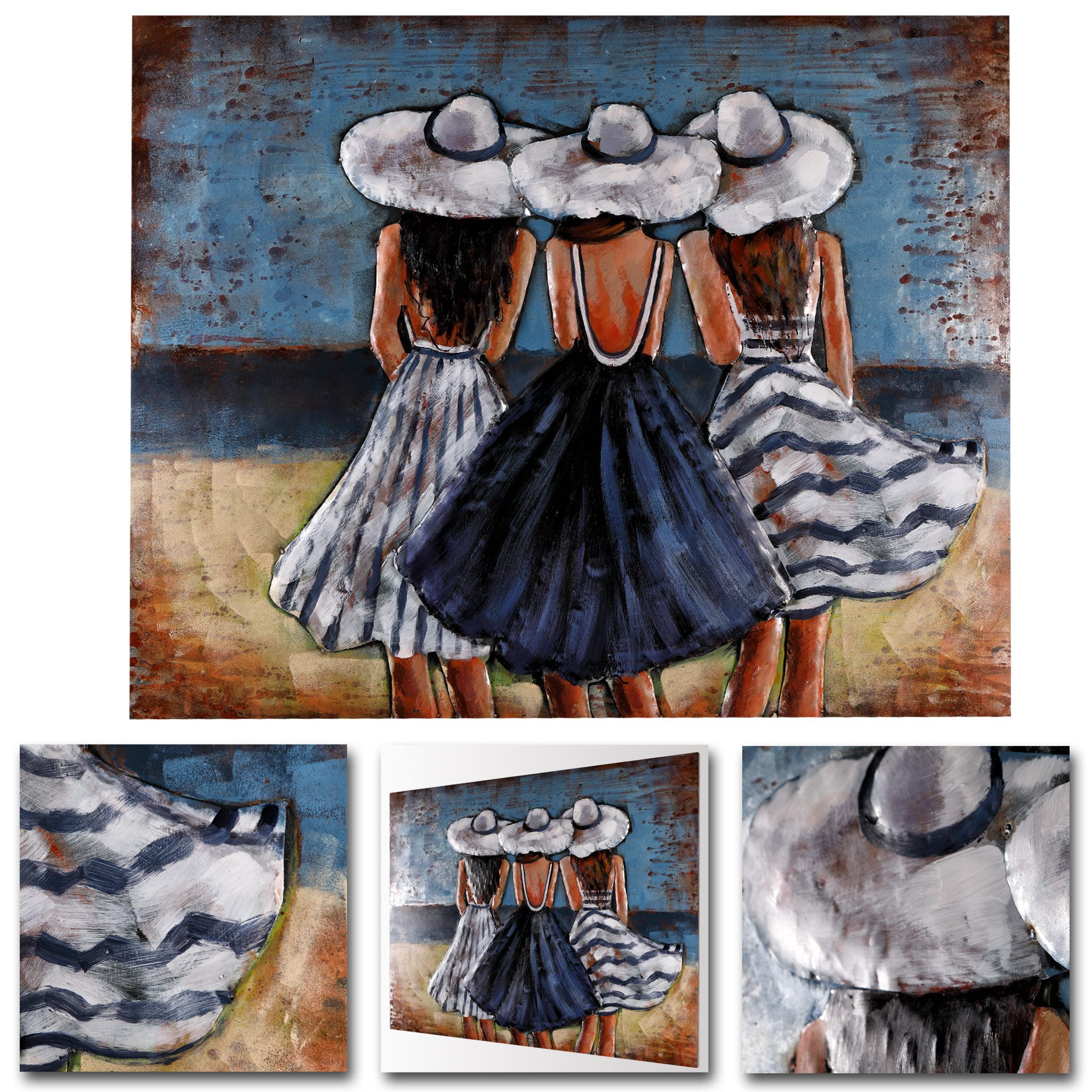 Home4Living Metallbild Wandbild 3D-Bild Relief Unikat 100x80cm blau weiß gestreift, Küstenflair, 3D-Effekt