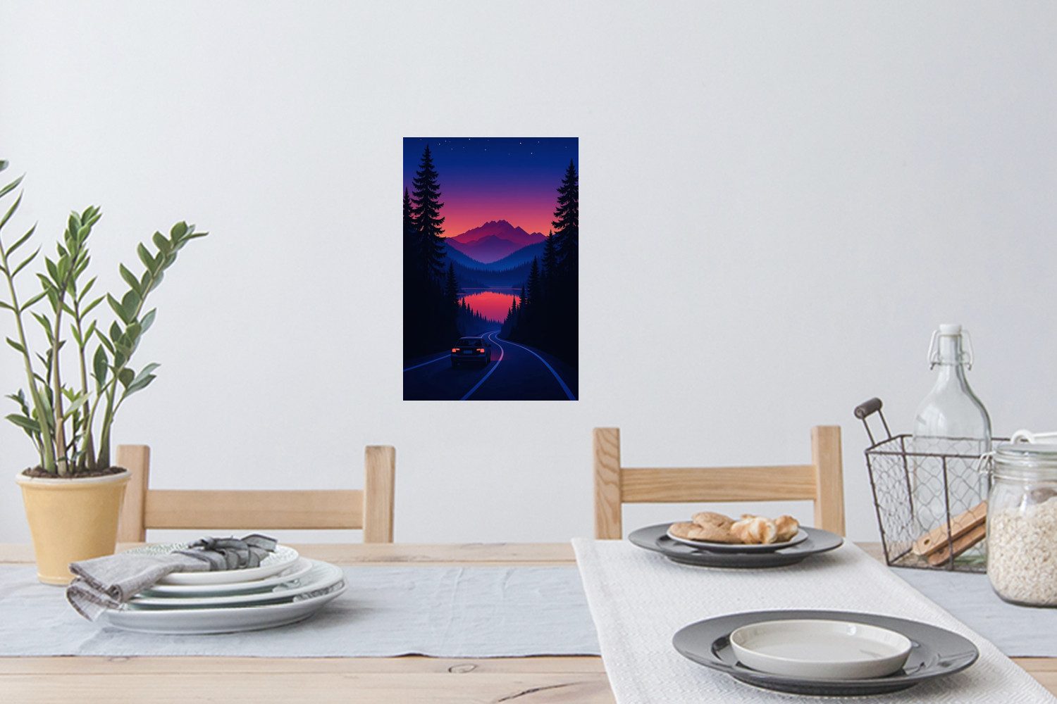 MuchoWow Wandsticker Auto - Dunkle Kiefern - Sonnenuntergang (1 St), Wandaufkleber, Selbstklebend, Wohnzimmer, 20x30 cm