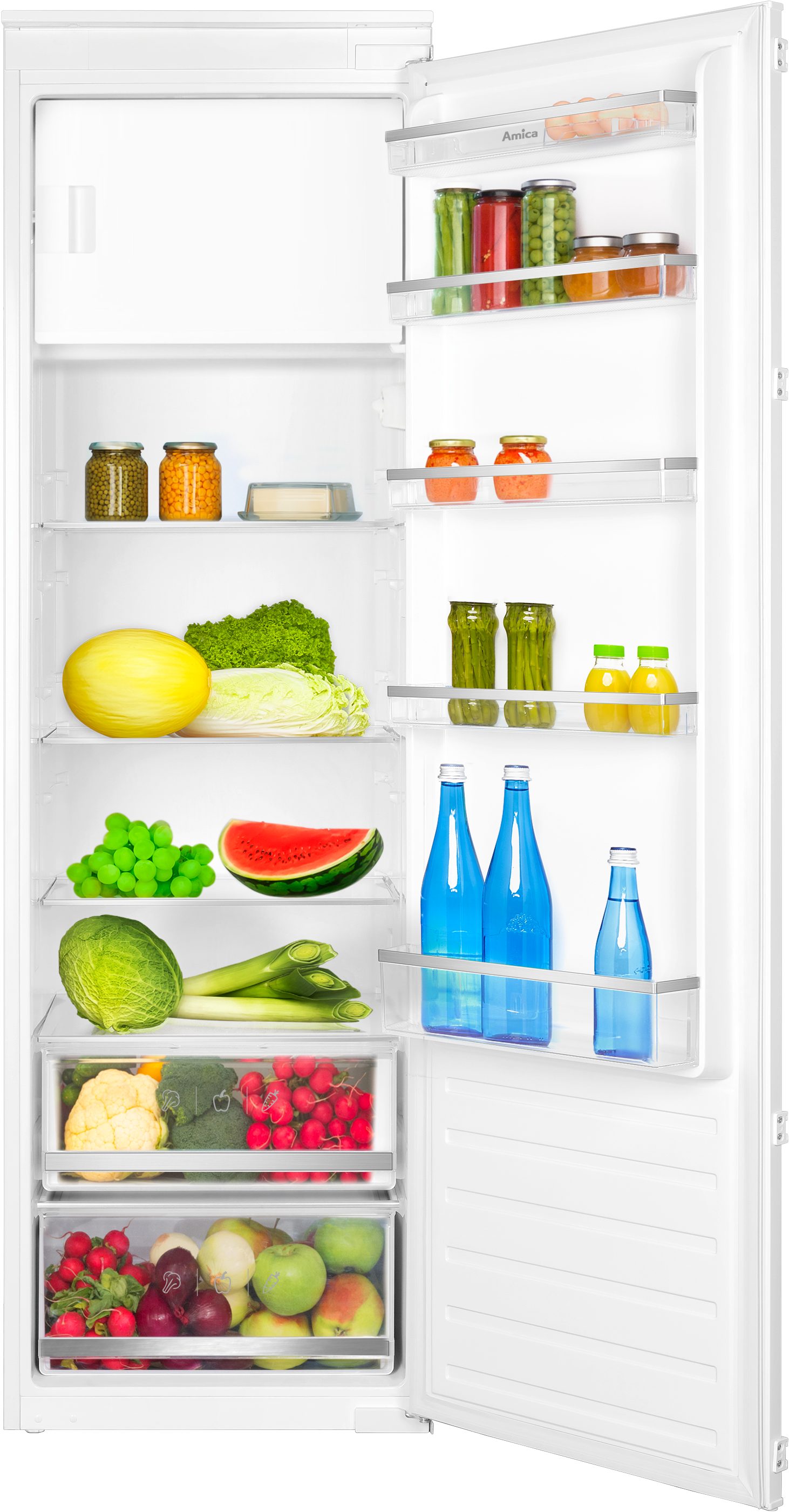 Amica Einbaukühlschrank EKSS 367 210, 176,9 cm hoch, 54 cm breit, Kompakter Einbaukühlschrank mit klarer LED‑Sicht und frischen Extras