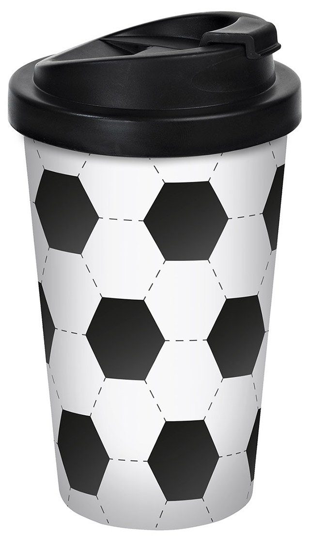 Geda Labels GmbH Coffee-to-go-Becher Fußball, 1-tlg., PP, Schwarz, 400 ml, doppelwandig, auslaufsicher