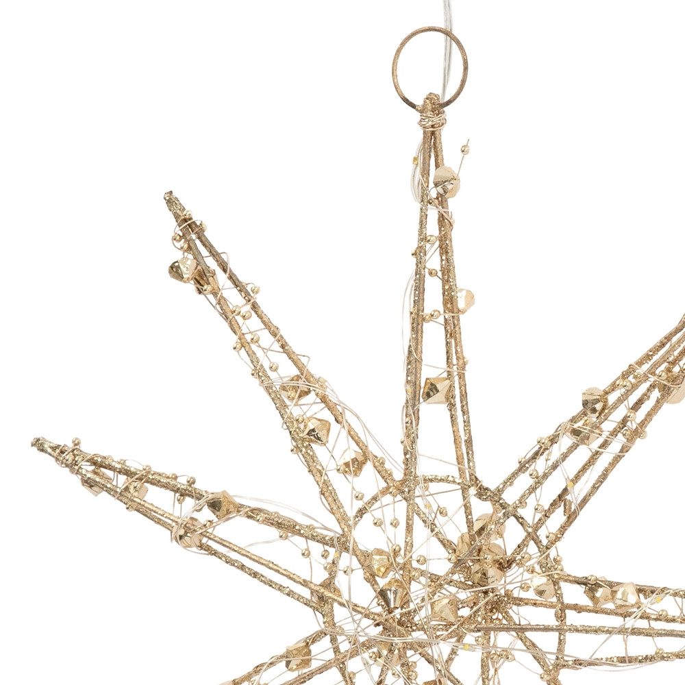 ECD Germany LED Stern Weihnachtsstern Weihnachten Schneeflocke Weihnachtsdeko Fensterdeko, LED 30cm warmweiß Gold batteriebetrieben Metall mit Timer