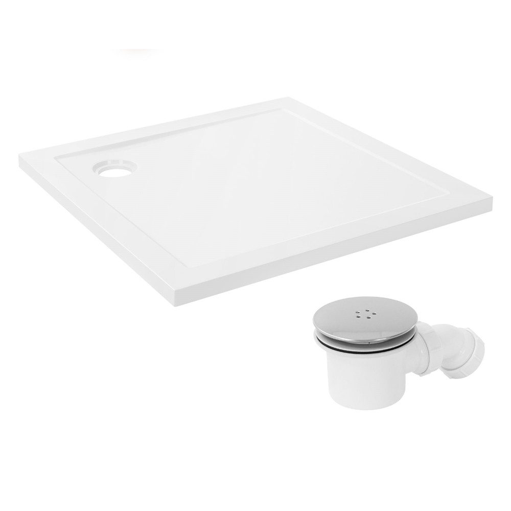 LuxeBath Duschwanne Brausetasse mit Ablaufgarnitur, Duschtasse Komplett Set Hochglanzoptik, Eckig, Brausewanne 90x90 cm eckig Weiß aus SMC mit Siphon