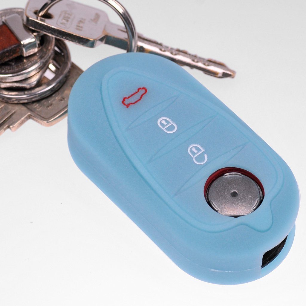 mt-key Schlüsseltasche Autoschlüssel Softcase Silikon Schutzhülle fluoreszierend Blau, für ALFA Romeo Mito Giulietta 940 4C ab 2008 3 Tasten Klappschlüssel