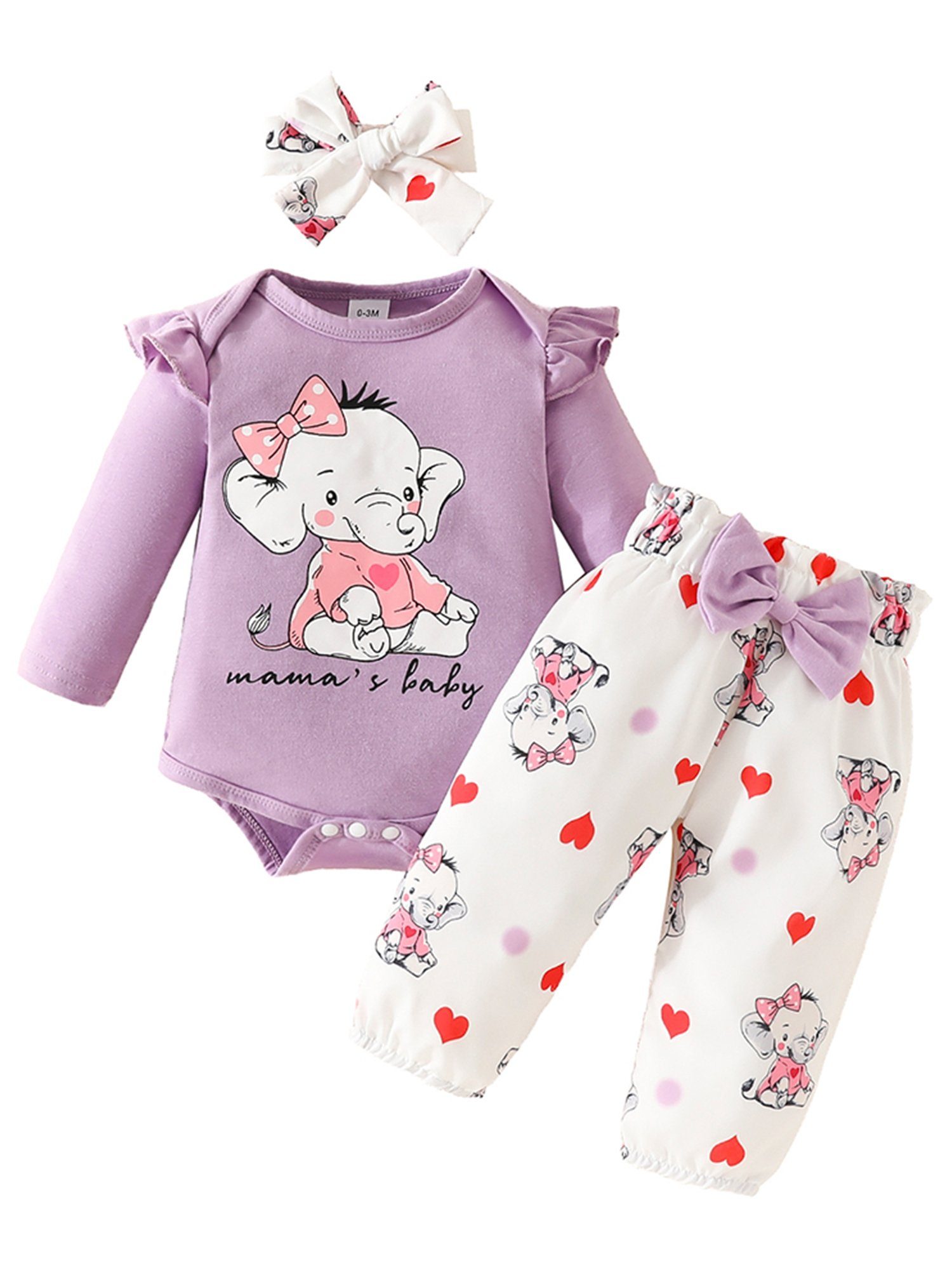 LAPA Shirt, Leggings & Haarband Baby Mädchen Elefanten Cartoon Druck Freizeitanzug, Alltagsanzug (Set, 3-tlg) Geschenk für Neugeborene, Rüschen Schleifendekoration Lila