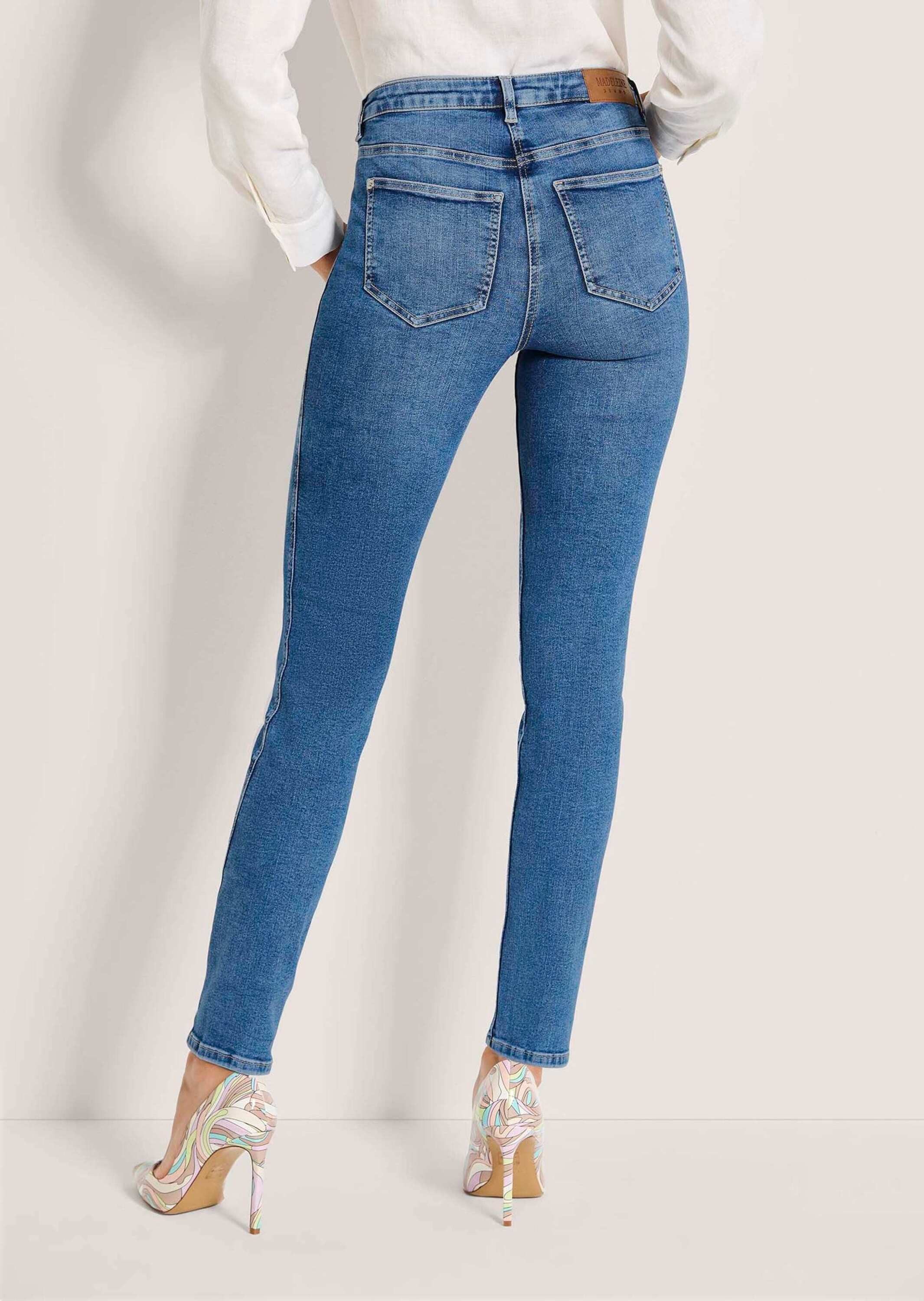 MADELEINE Gerade Jeans Skinnyjeans mit asymmetrischer Naht 5-Pocket-Hose mit Formbund, Gürtelschlaufen, Taschen und Knöchellänge