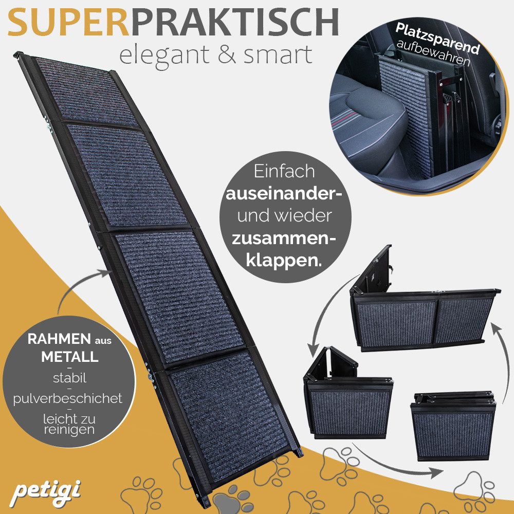 Petigi Hunderampe Hunderampe Teppich 170 cm klappbar Hund Einstieghilfe Hundetreppe