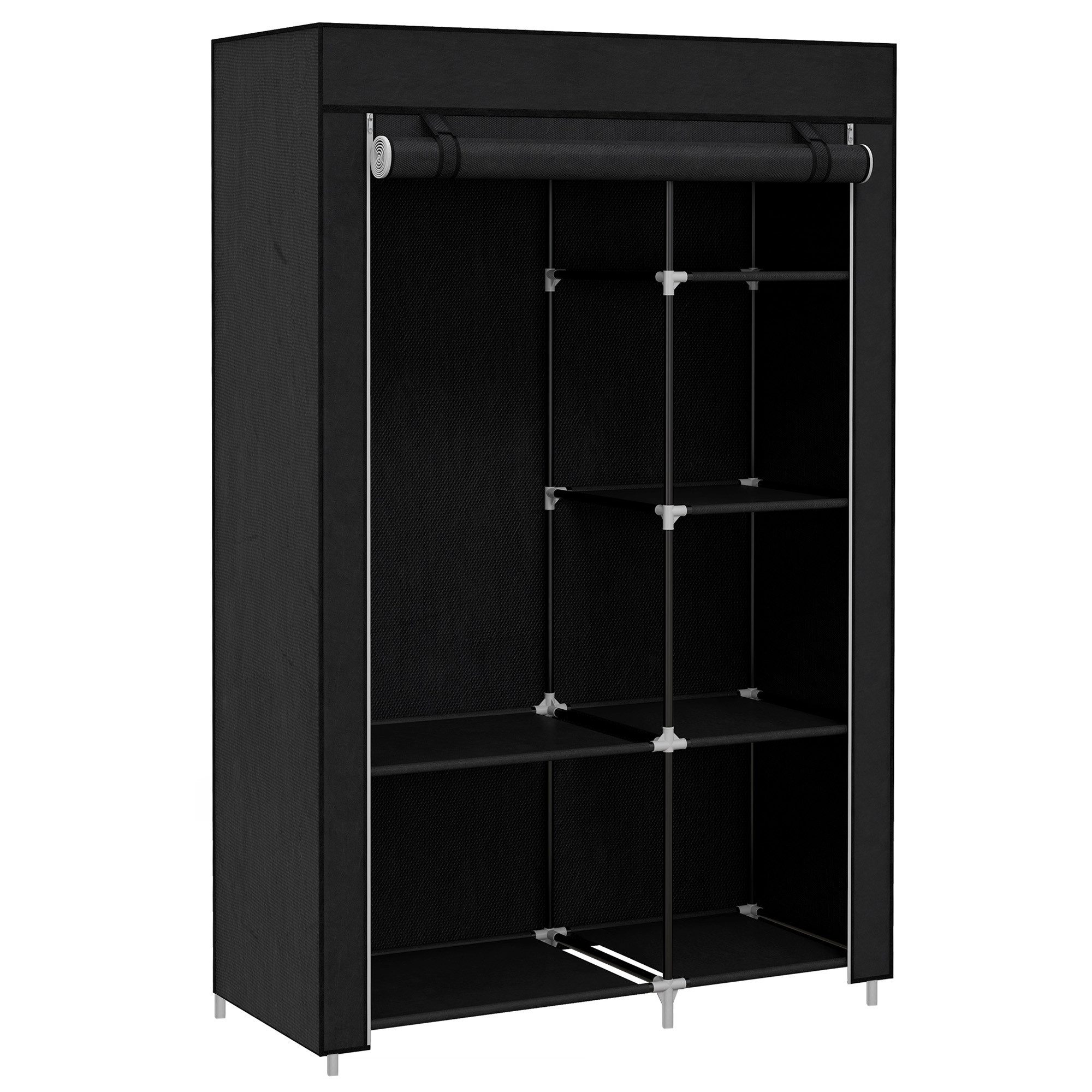 furnicato Kleiderschrank Stoffschrank Schwarz 103L x 43B x 162,5H cm mit Garderobenschrank mit 6 Einlegeböden, Reißverschluss und Staubschutz – Bild 2 von 5